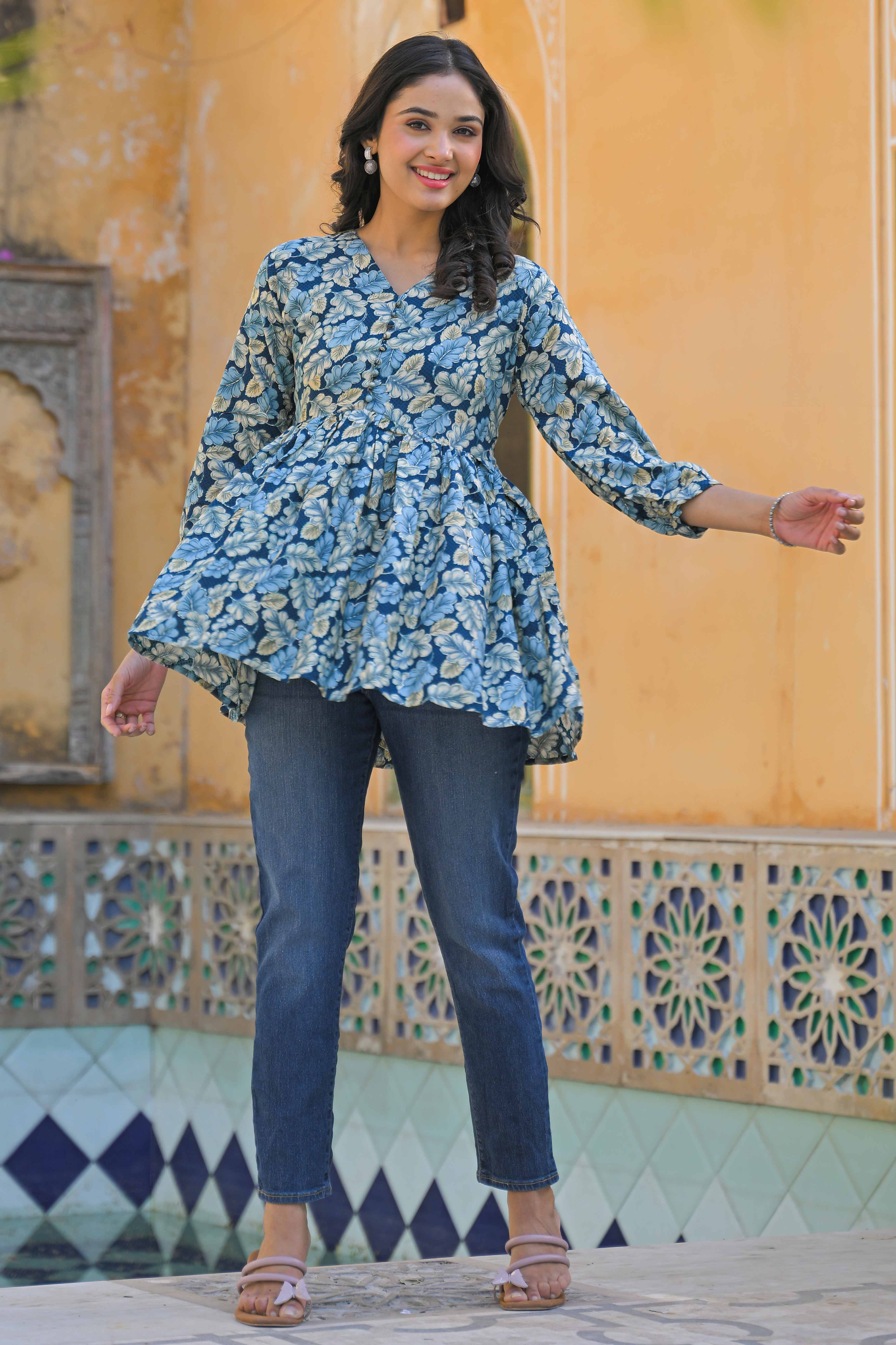 Turquoise Floral Printed Rayon A-Line Top - Image 5