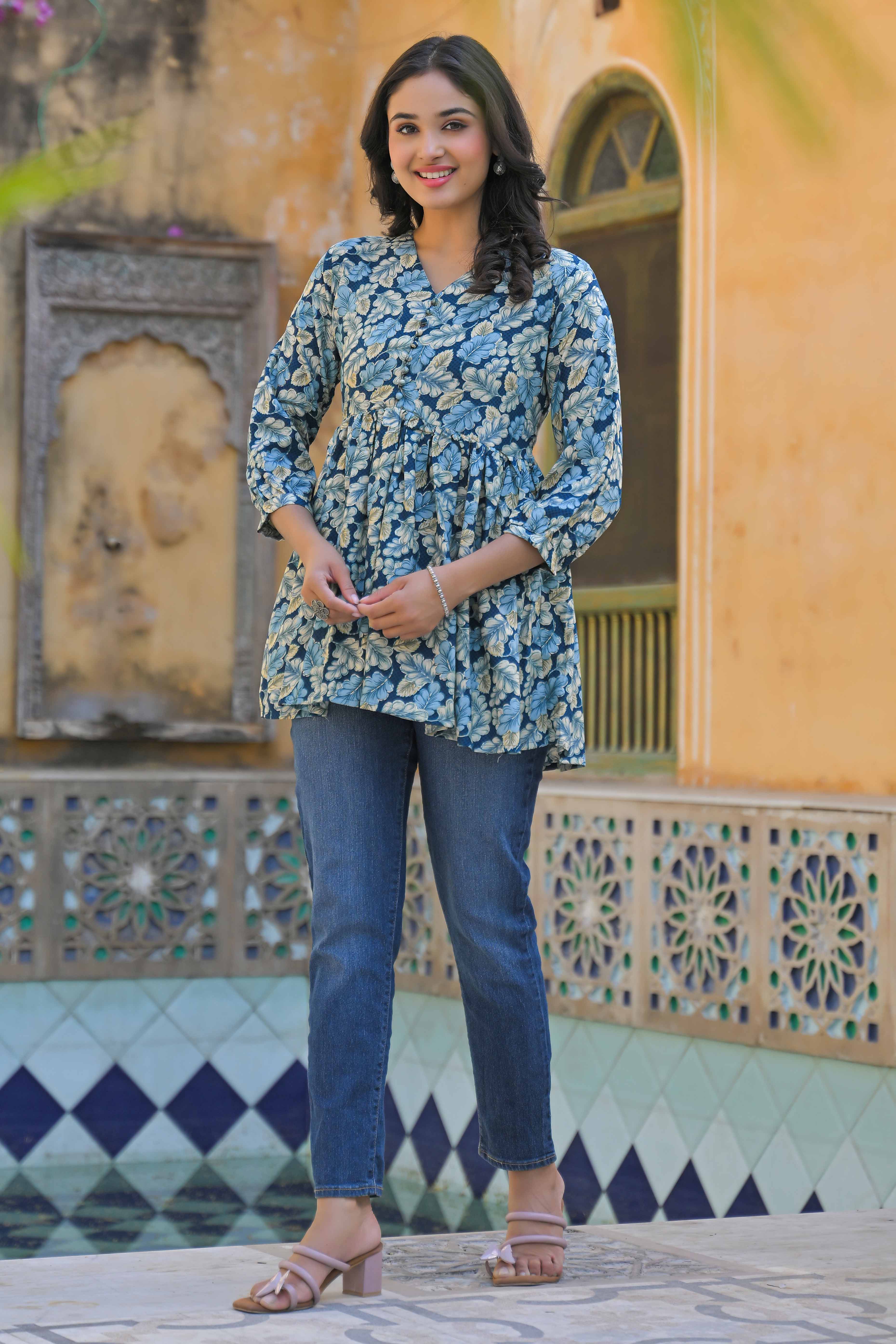 Turquoise Floral Printed Rayon A-Line Top - Image 6