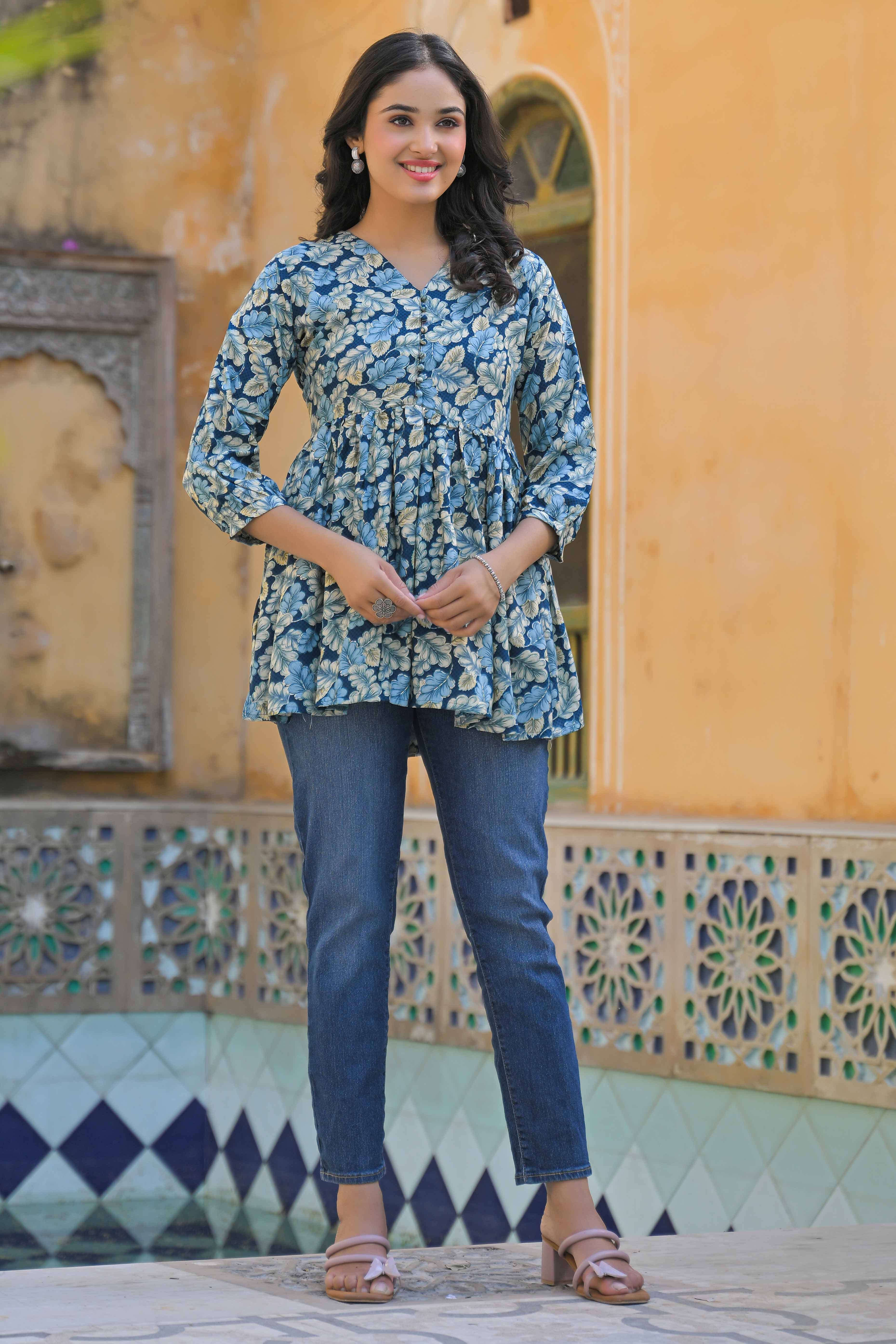 Turquoise Floral Printed Rayon A-Line Top - Image 7