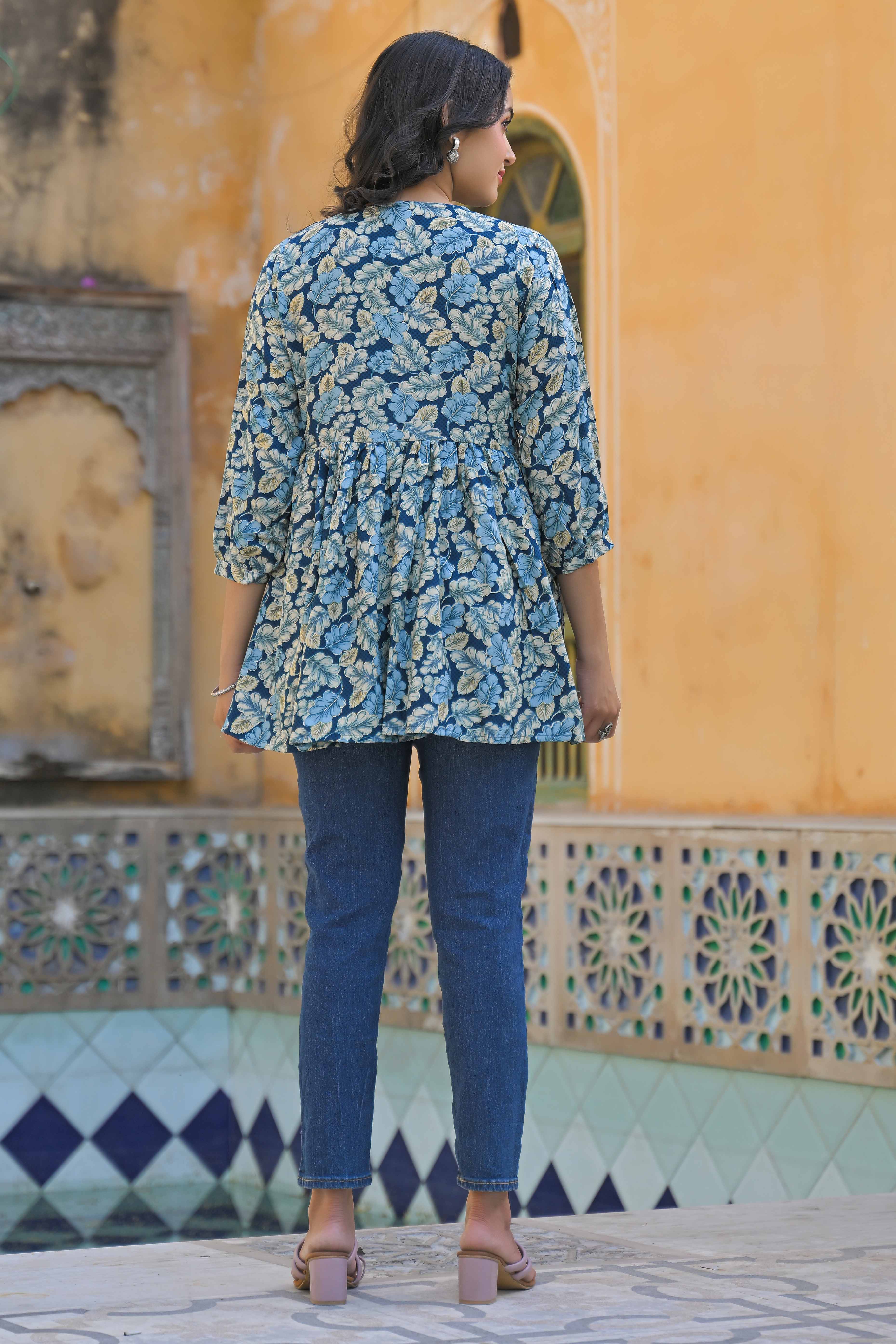 Turquoise Floral Printed Rayon A-Line Top - Image 8