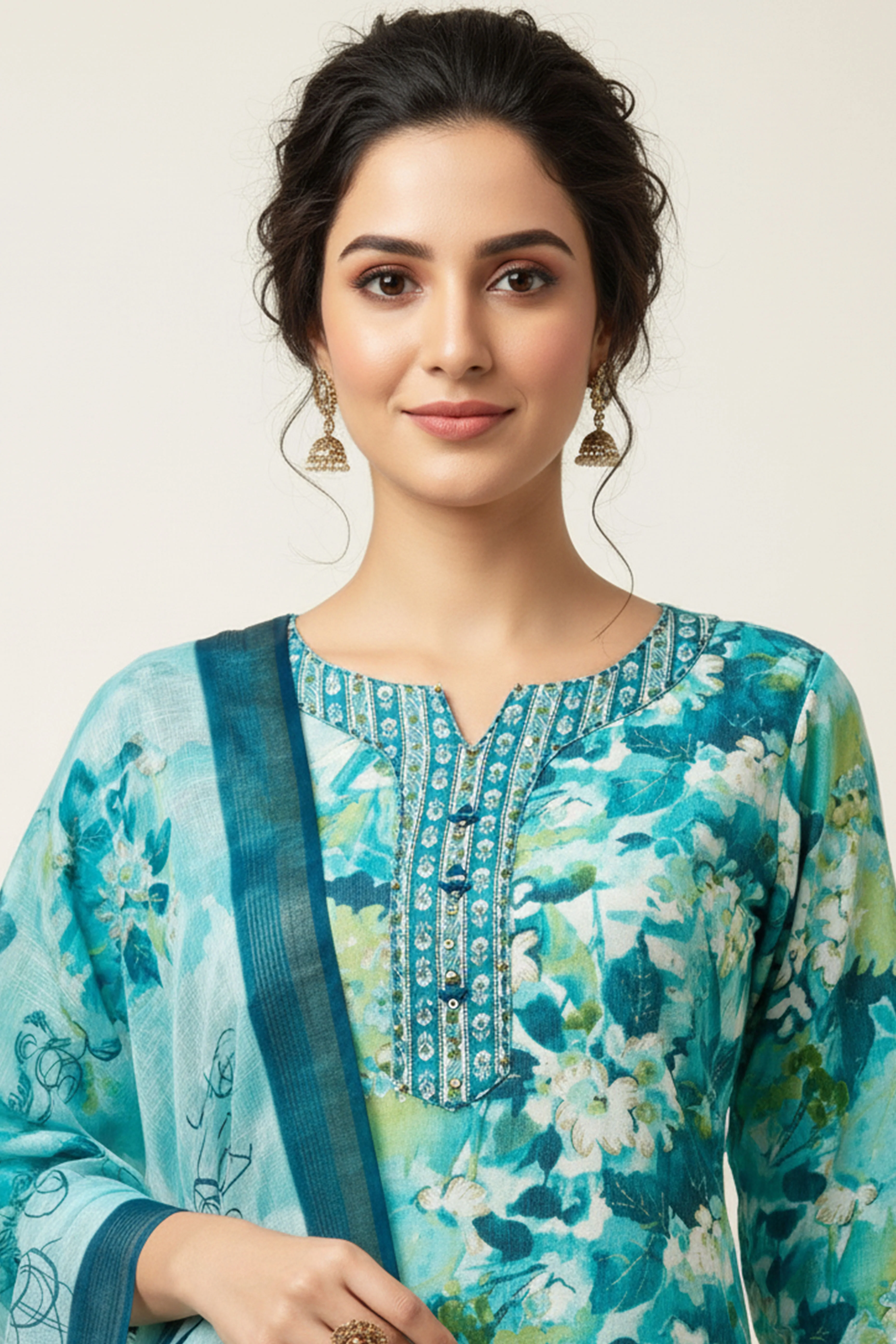Turquoise Floral Printed Rayon Capsule Straight Salwar Suit - Image 3