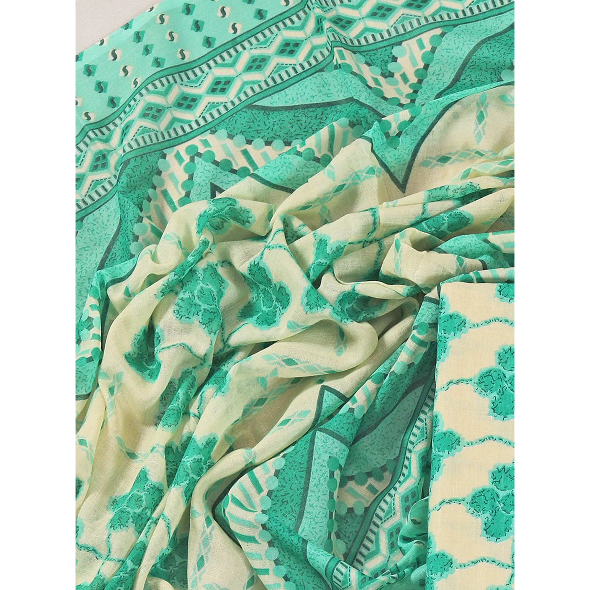 Turquoise Floral Printed With Gota Patti Work Pure Cotton Dress Material - Image 6