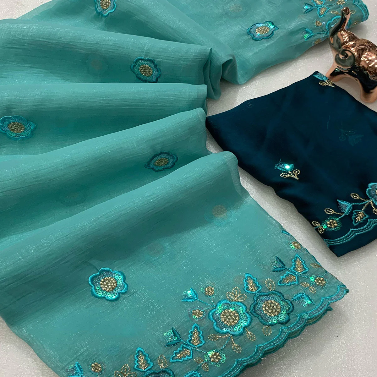Turquoise Floral Sequins Embroidered Chiffon Saree - Image 2