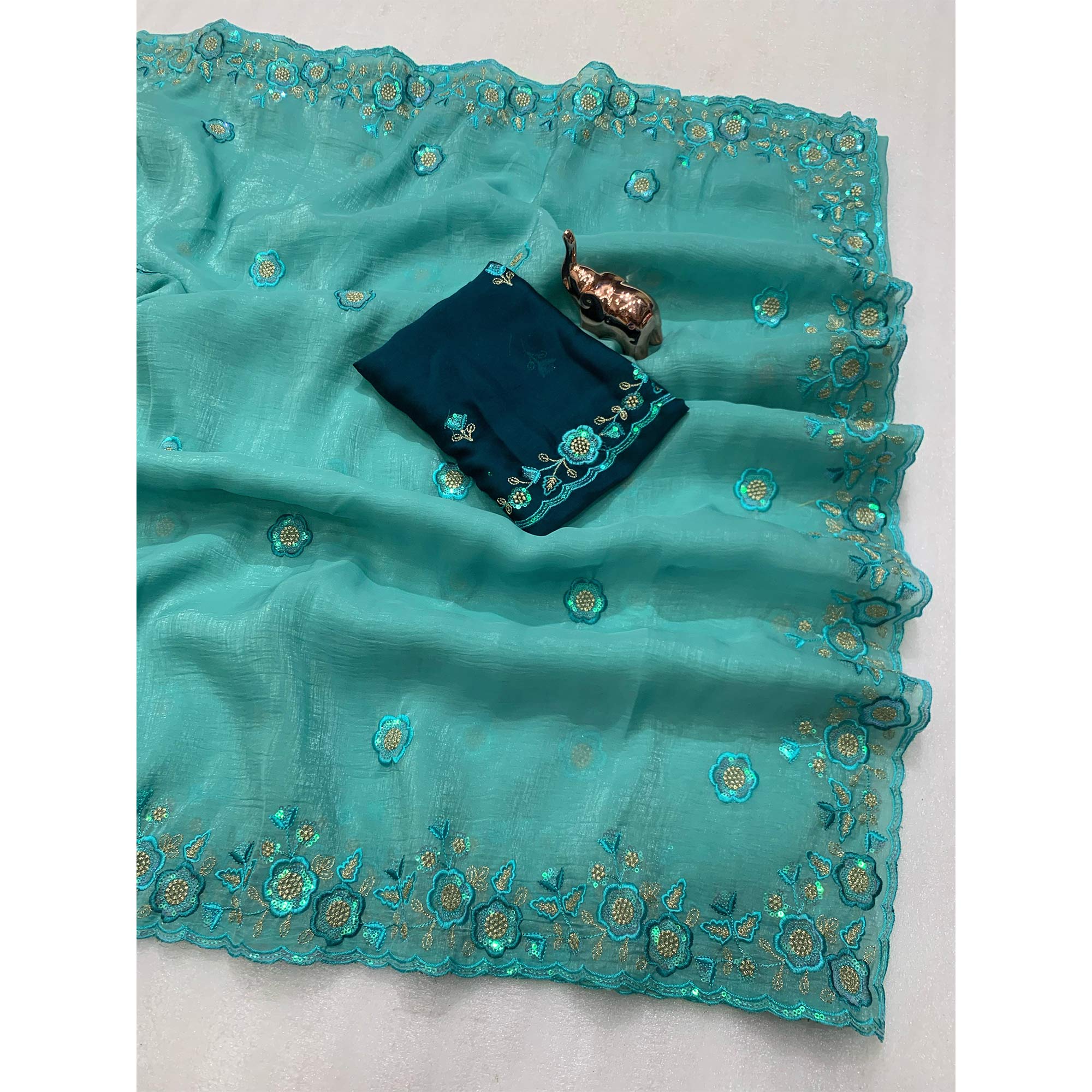 Turquoise Floral Sequins Embroidered Chiffon Saree - Image 3