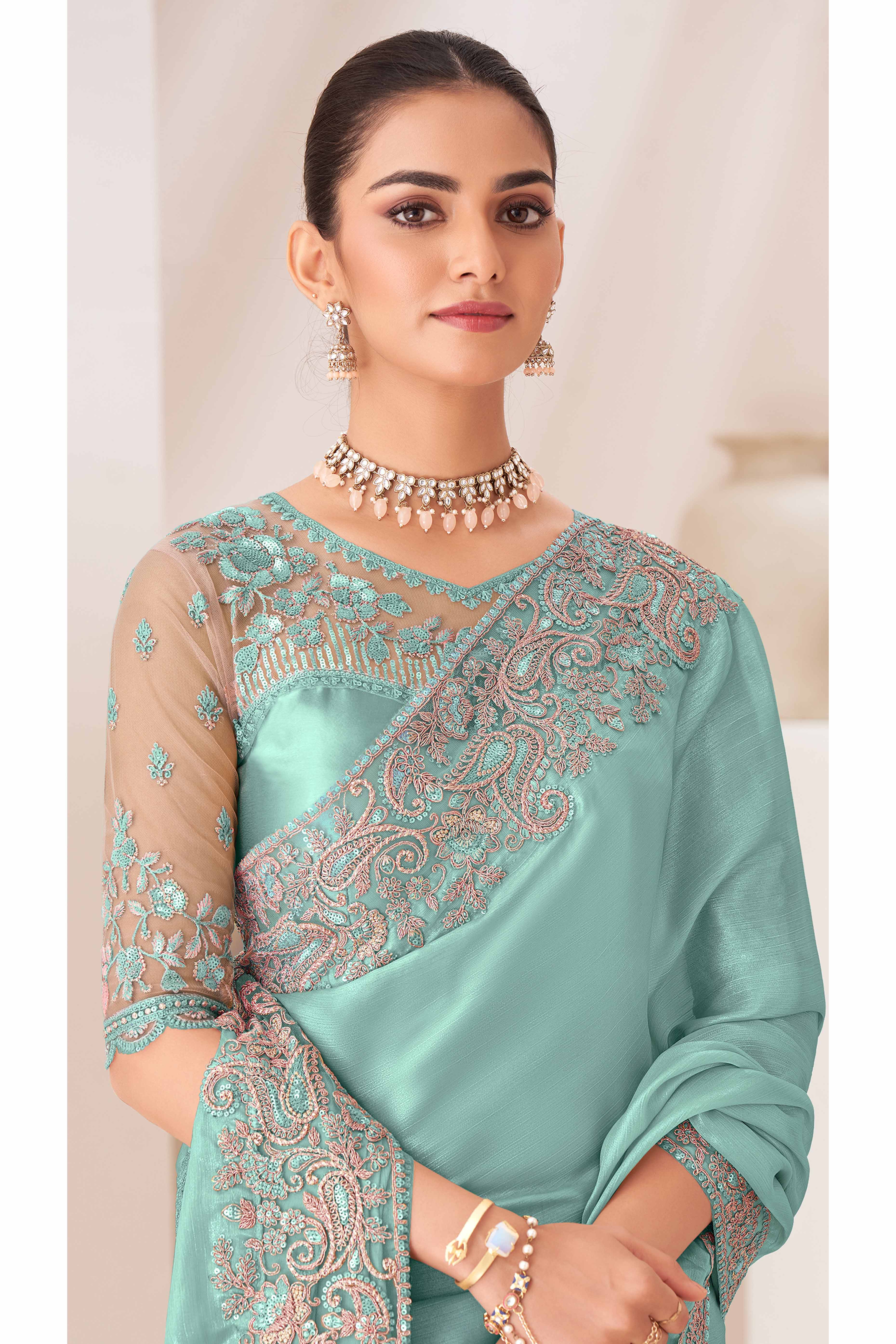 Turquoise Floral Sequins Embroidered Chiffon Saree - Image 3