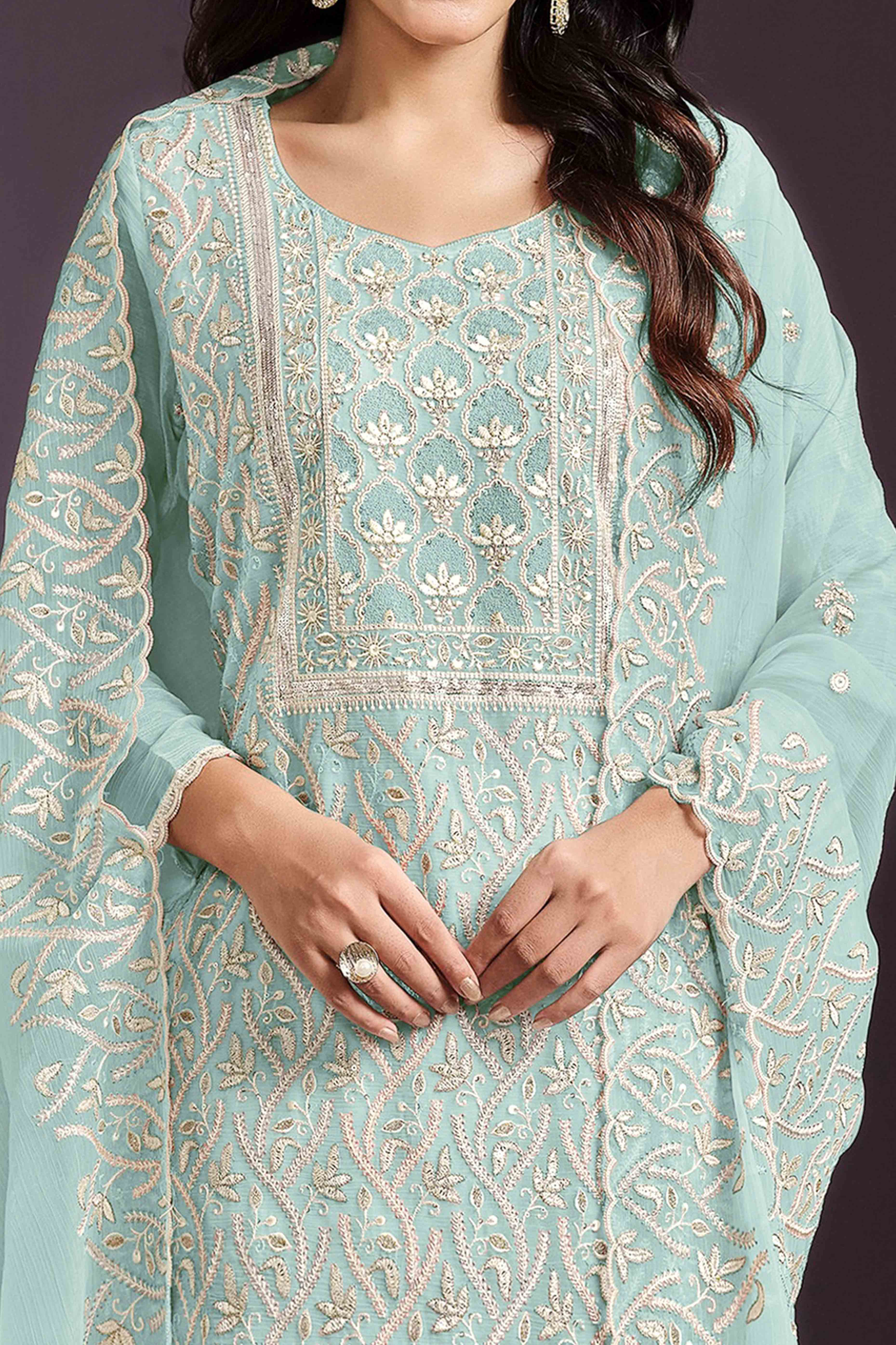 Turquoise Floral Sequins Embroidered Chinon Semi Stitched Suit - Image 2