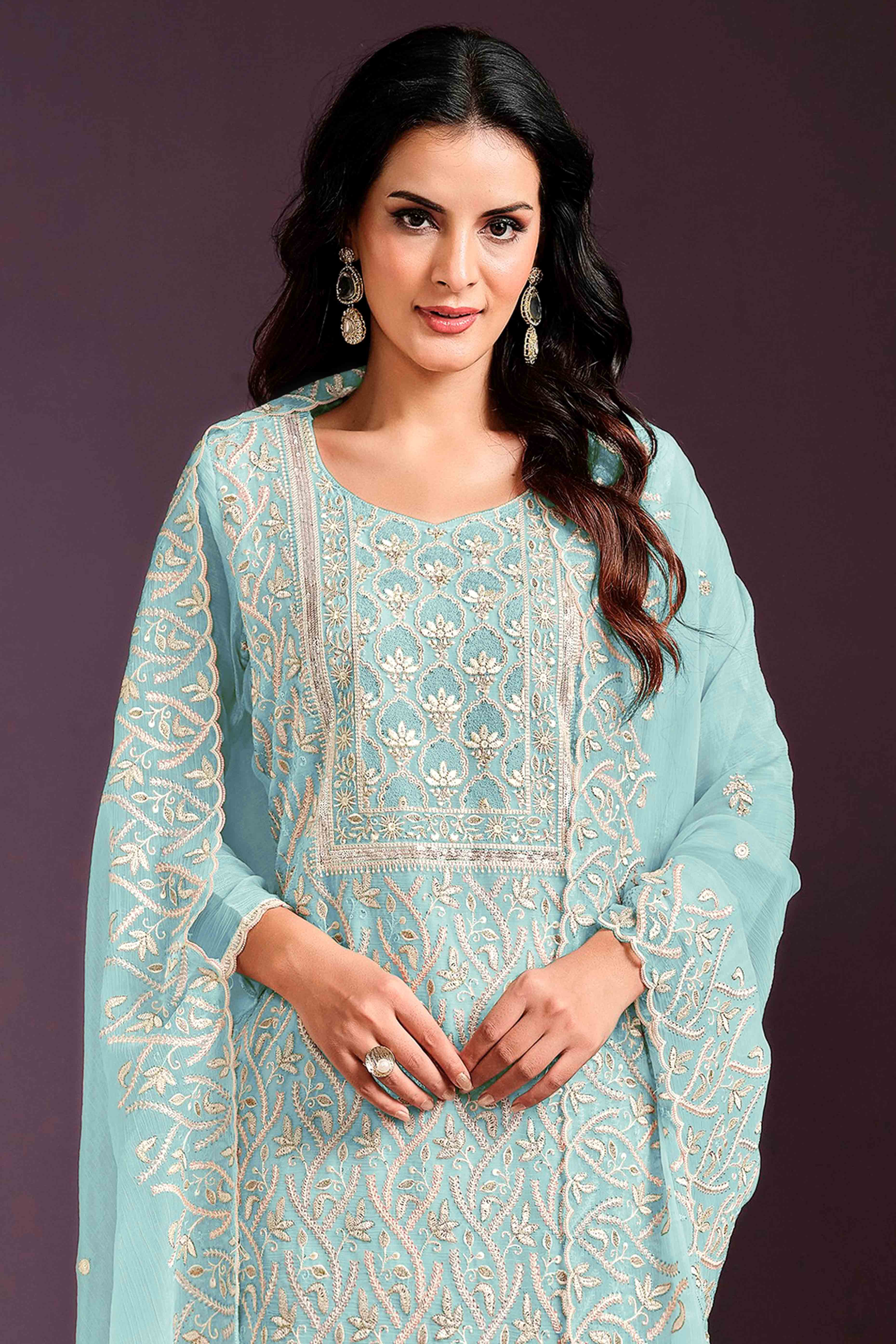 Turquoise Floral Sequins Embroidered Chinon Semi Stitched Suit - Image 3