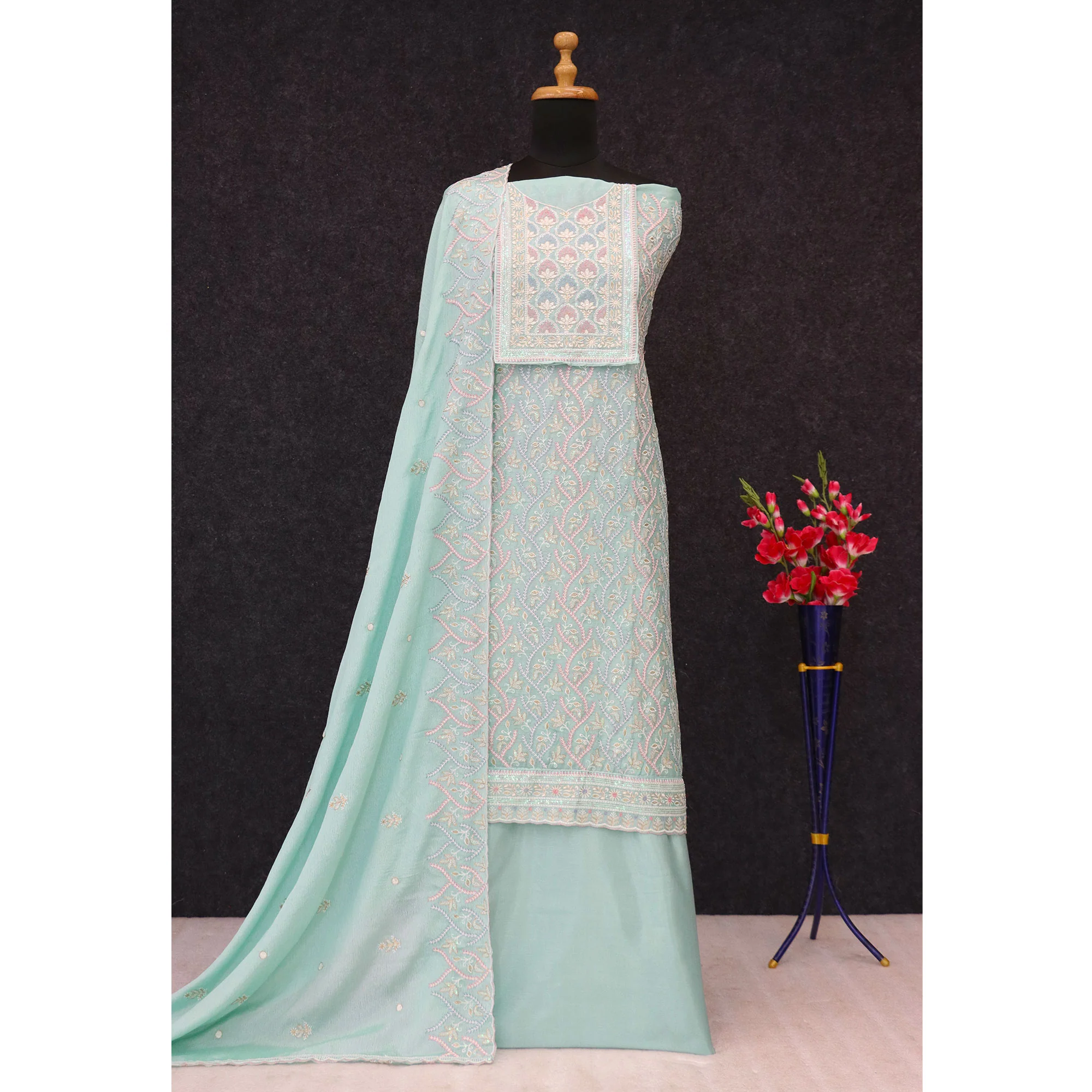 Turquoise Floral Sequins Embroidered Chinon Semi Stitched Suit - Image 4