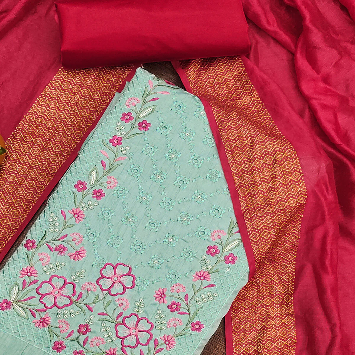 Turquoise Floral Sequins Embroidered Cotton Silk Dress Material - Image 2