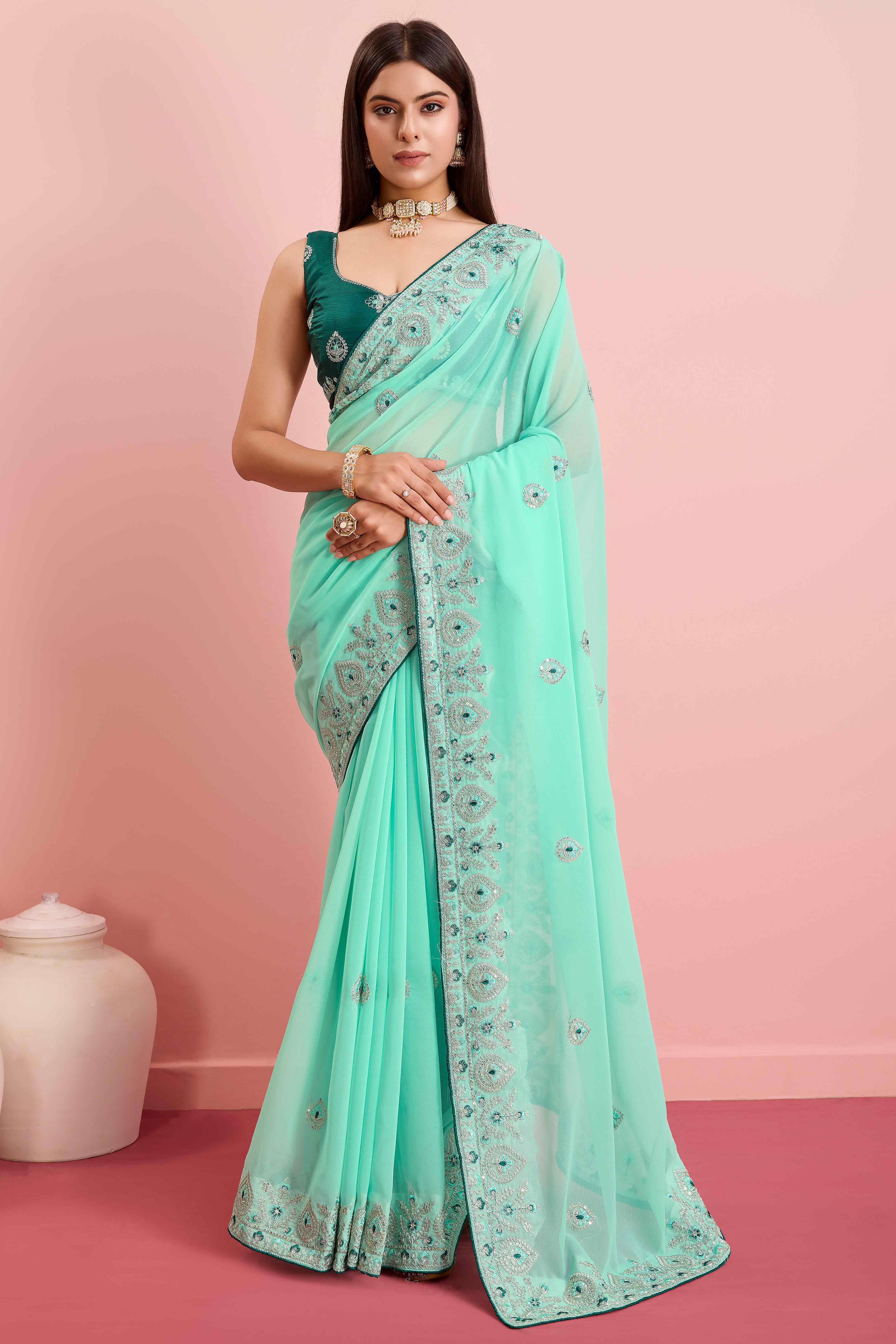 Turquoise Floral Sequins Embroidered Georgette Saree - Image 3