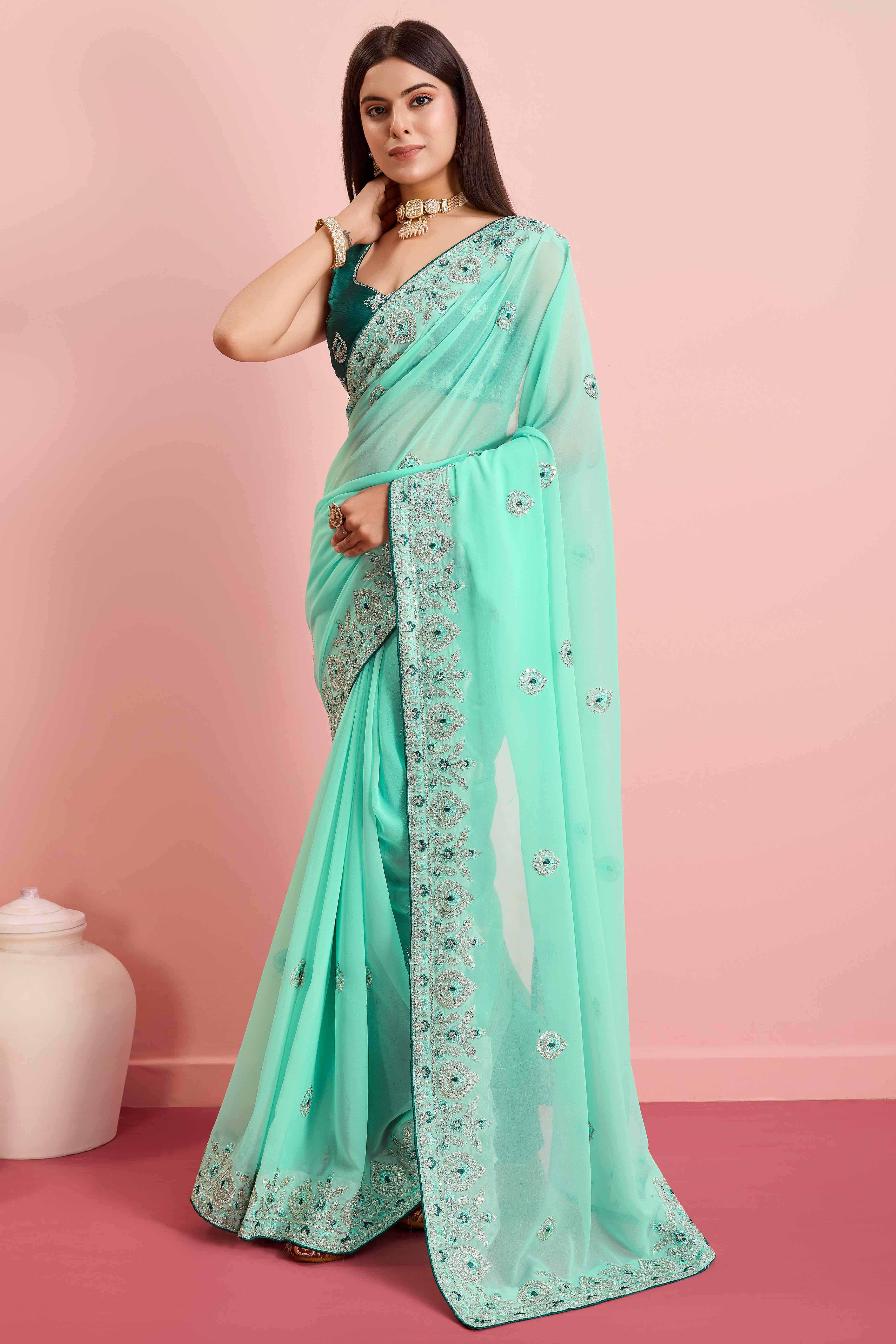 Turquoise Floral Sequins Embroidered Georgette Saree - Image 4