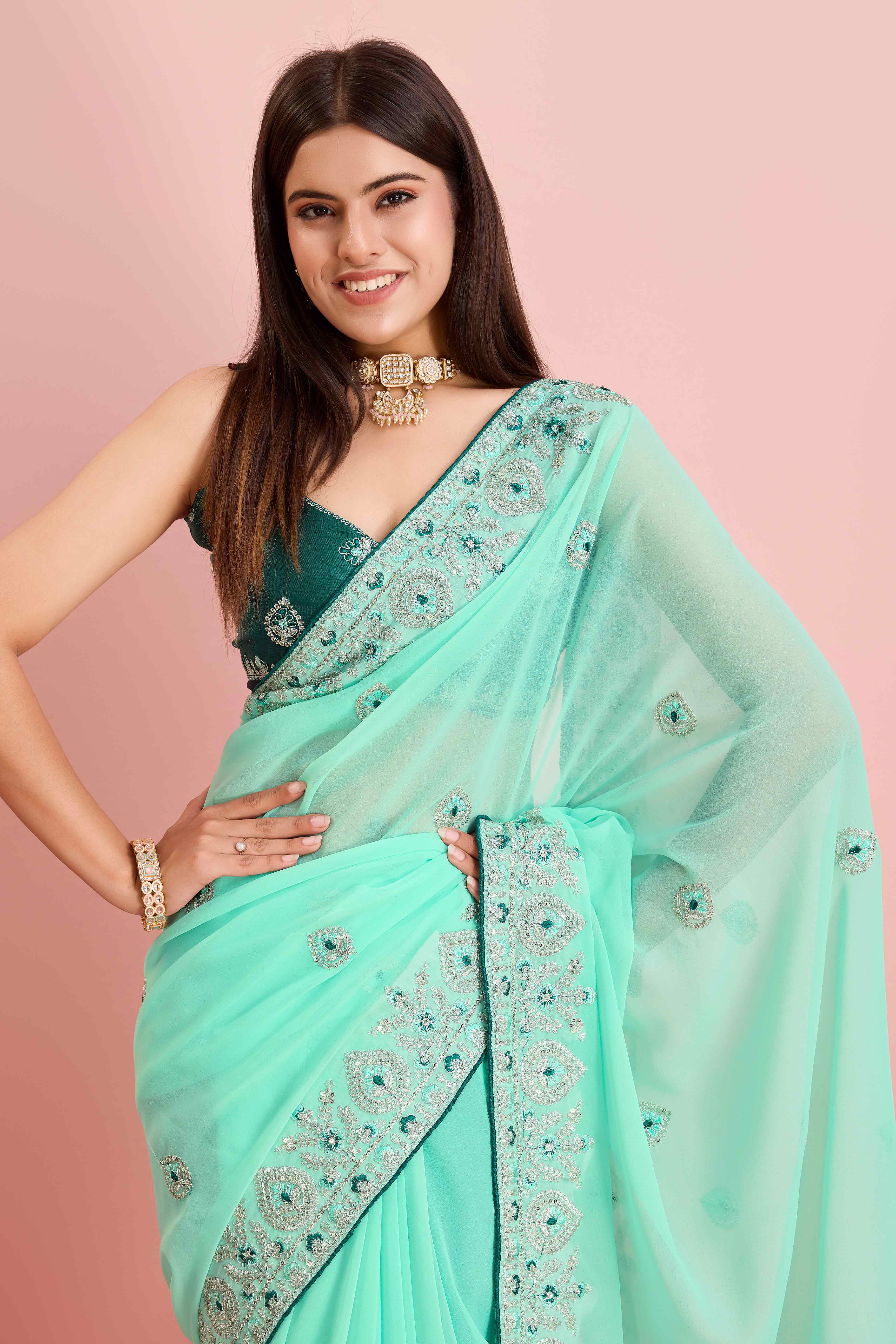 Turquoise Floral Sequins Embroidered Georgette Saree - Image 6