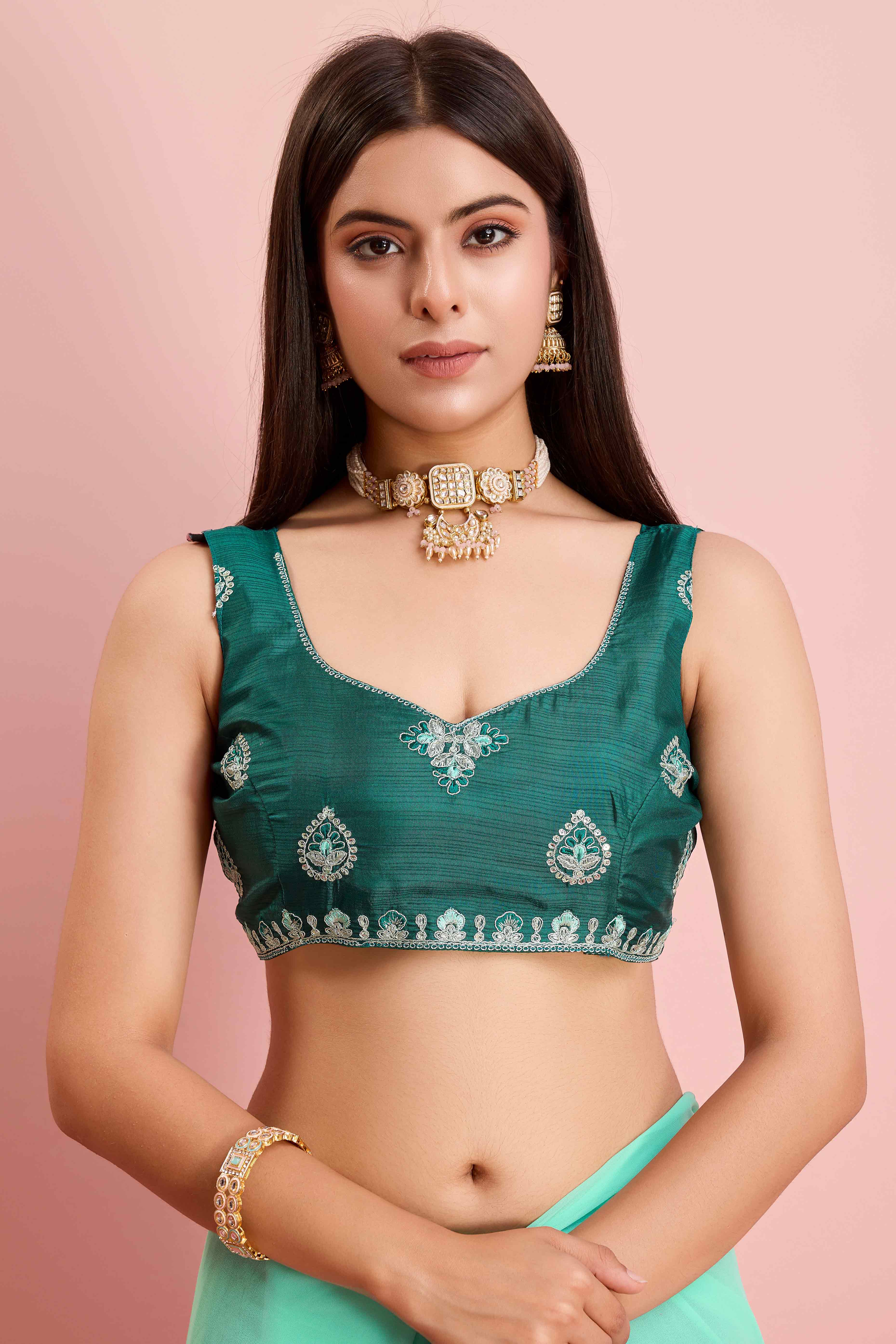 Turquoise Floral Sequins Embroidered Georgette Saree - Image 7