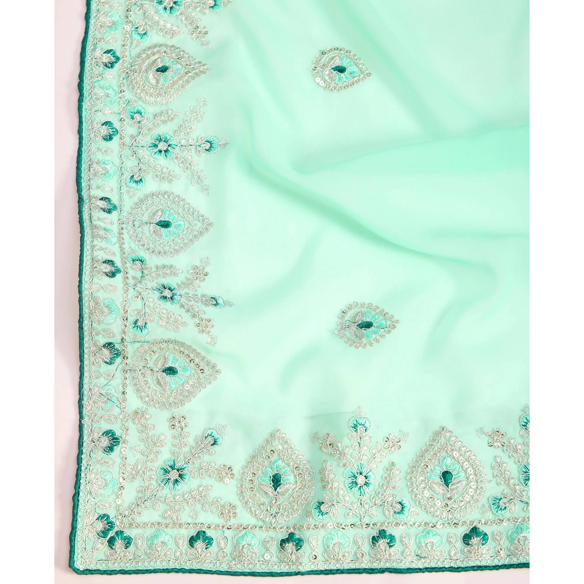 Turquoise Floral Sequins Embroidered Georgette Saree - Image 8