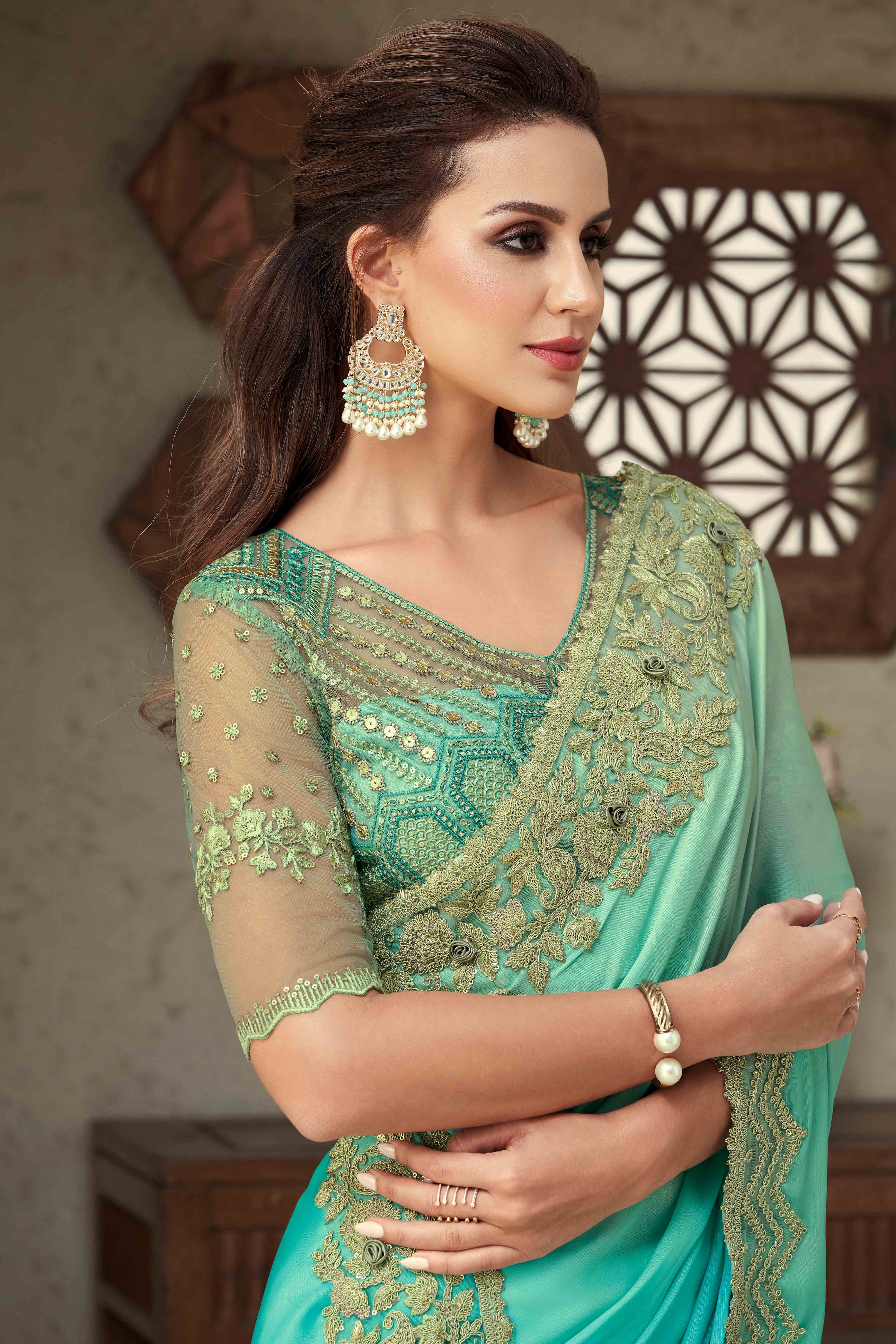 Turquoise Floral Sequins Embroidered Georgette Saree - Image 3