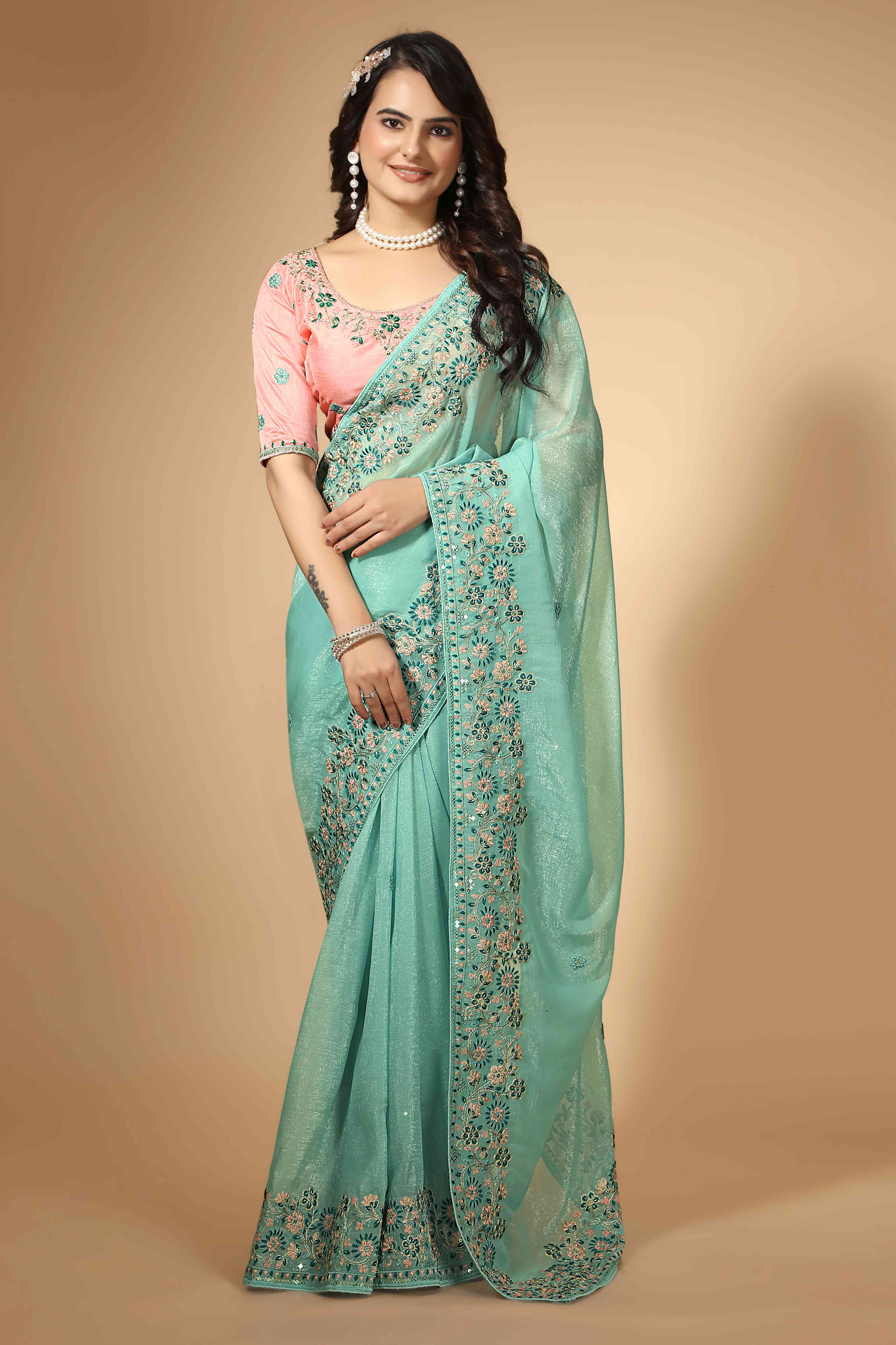 Turquoise Floral Sequins Embroidered Organza Silk Saree - Image 3