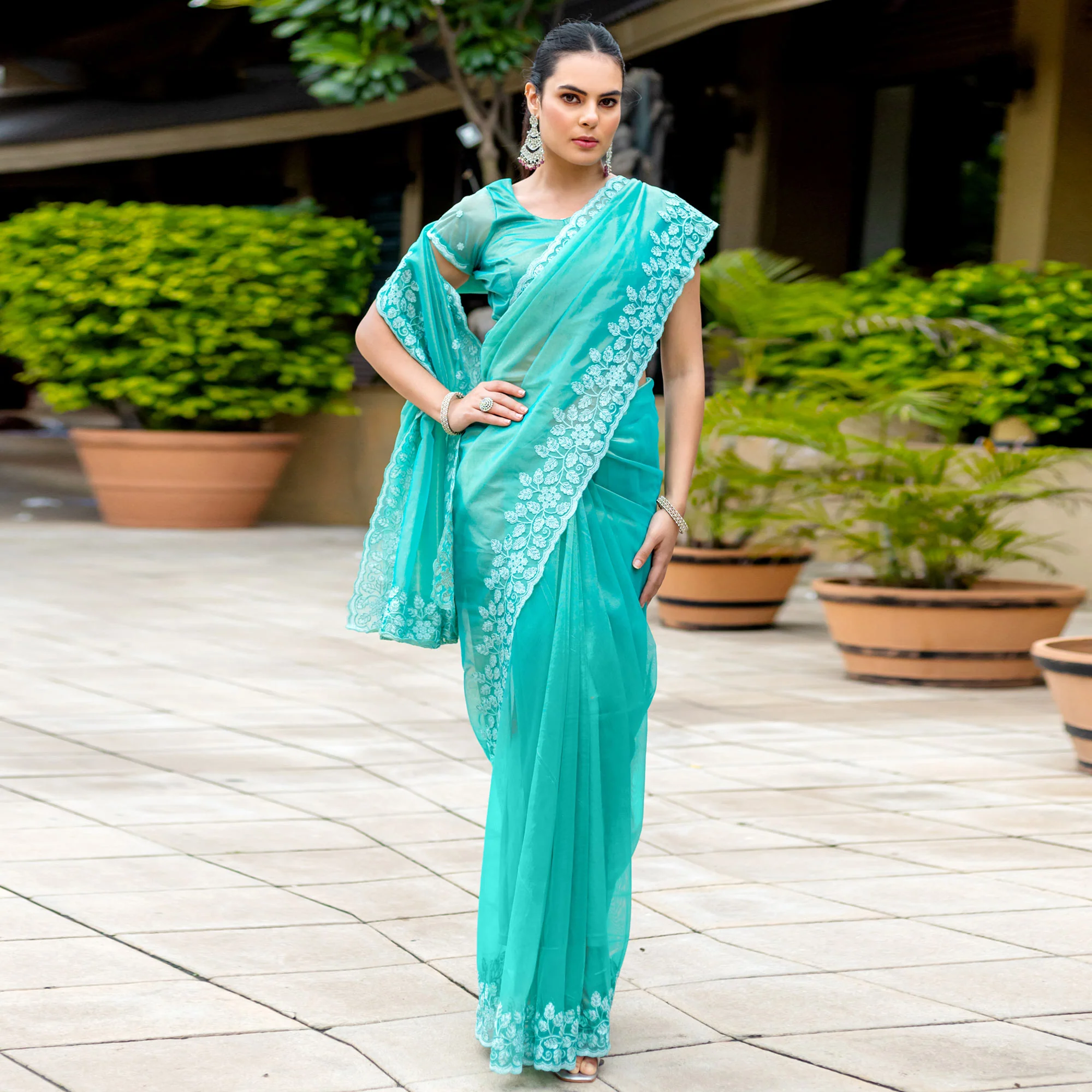 Turquoise Floral Sequins Embroidered Twill Net Saree - Image 2