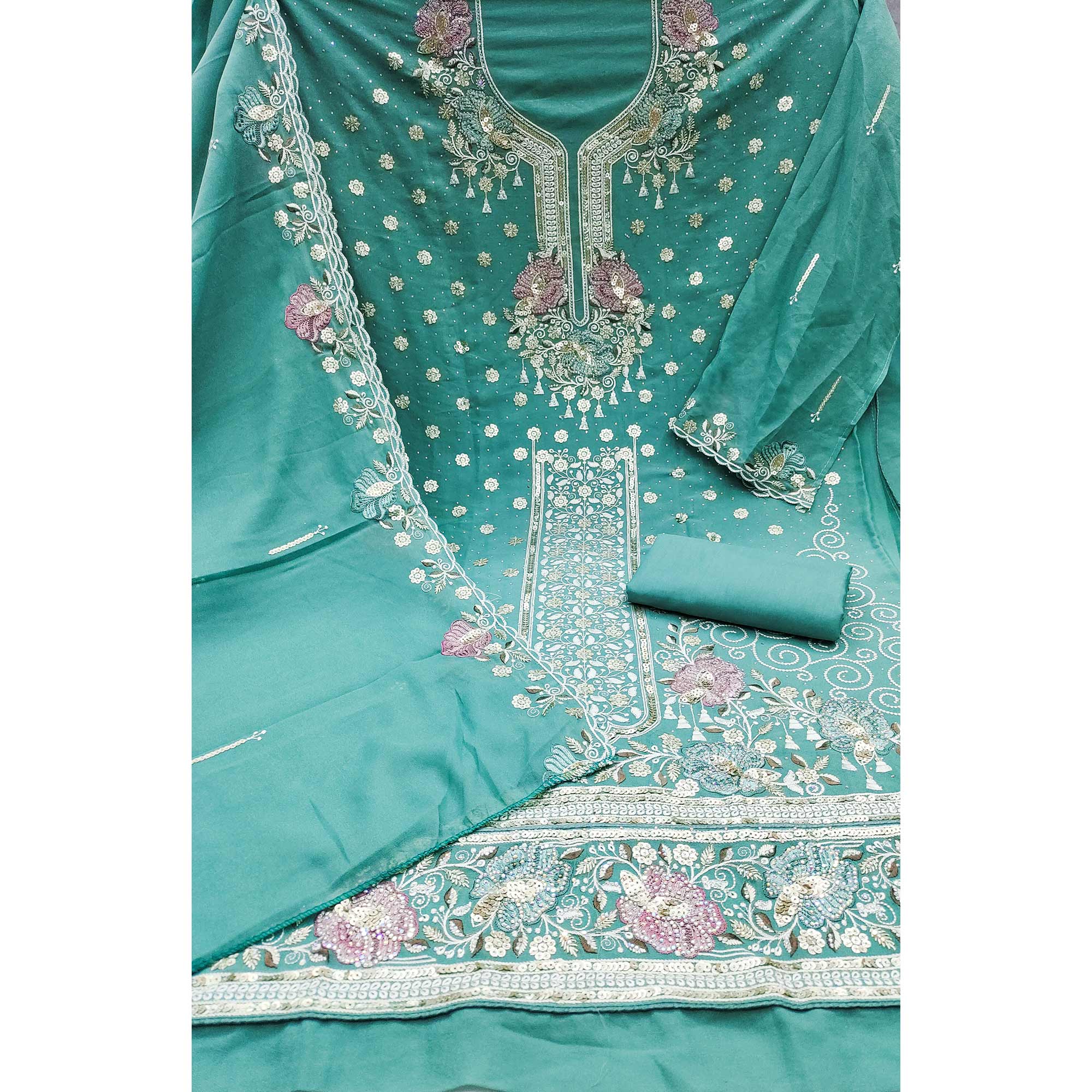 Turquoise Floral Sequins Embroidery With Stonework Dress Material In Viscose - Image 4