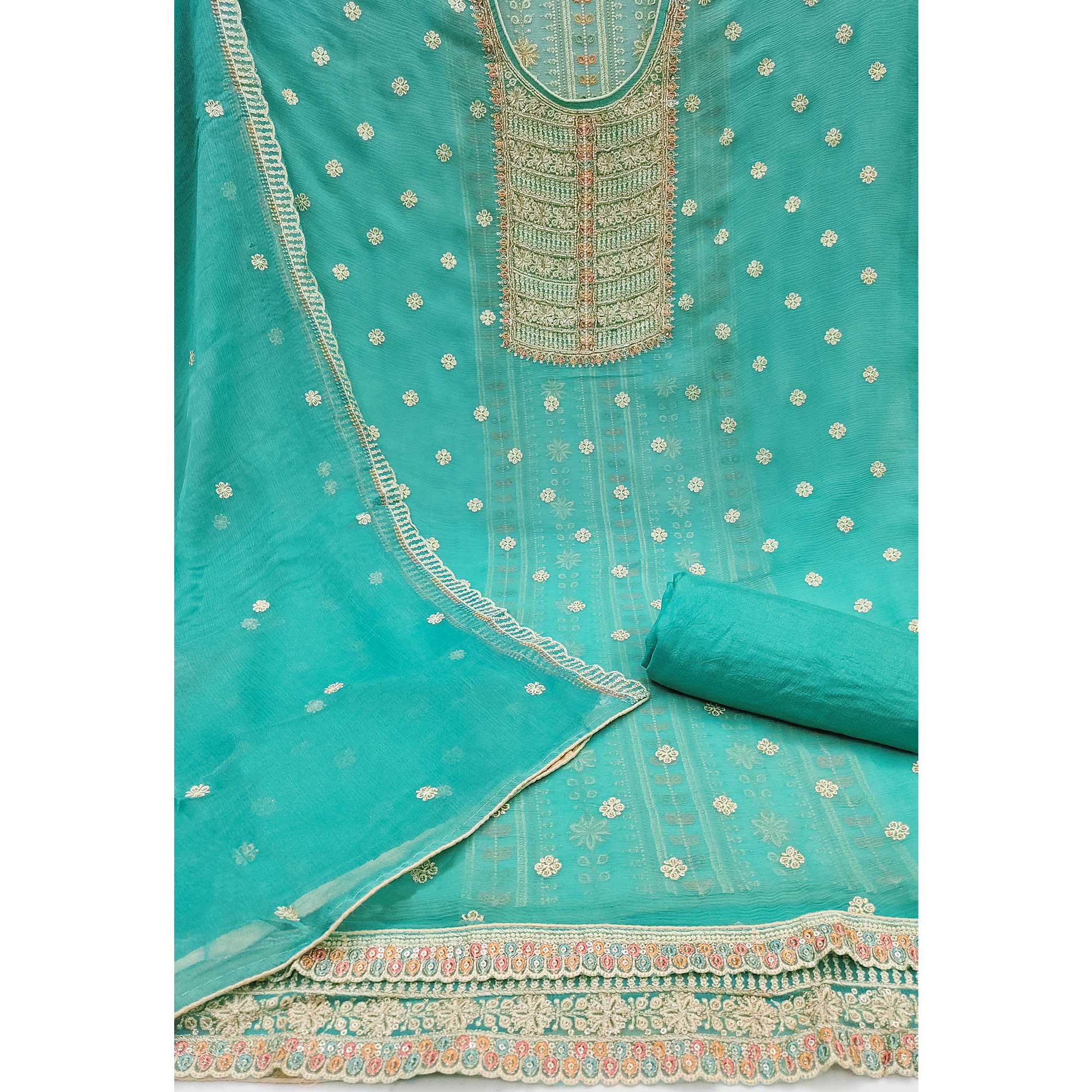 Turquoise Floral Sequins With Hand Embroidered Chiffon Dress Material - Image 3