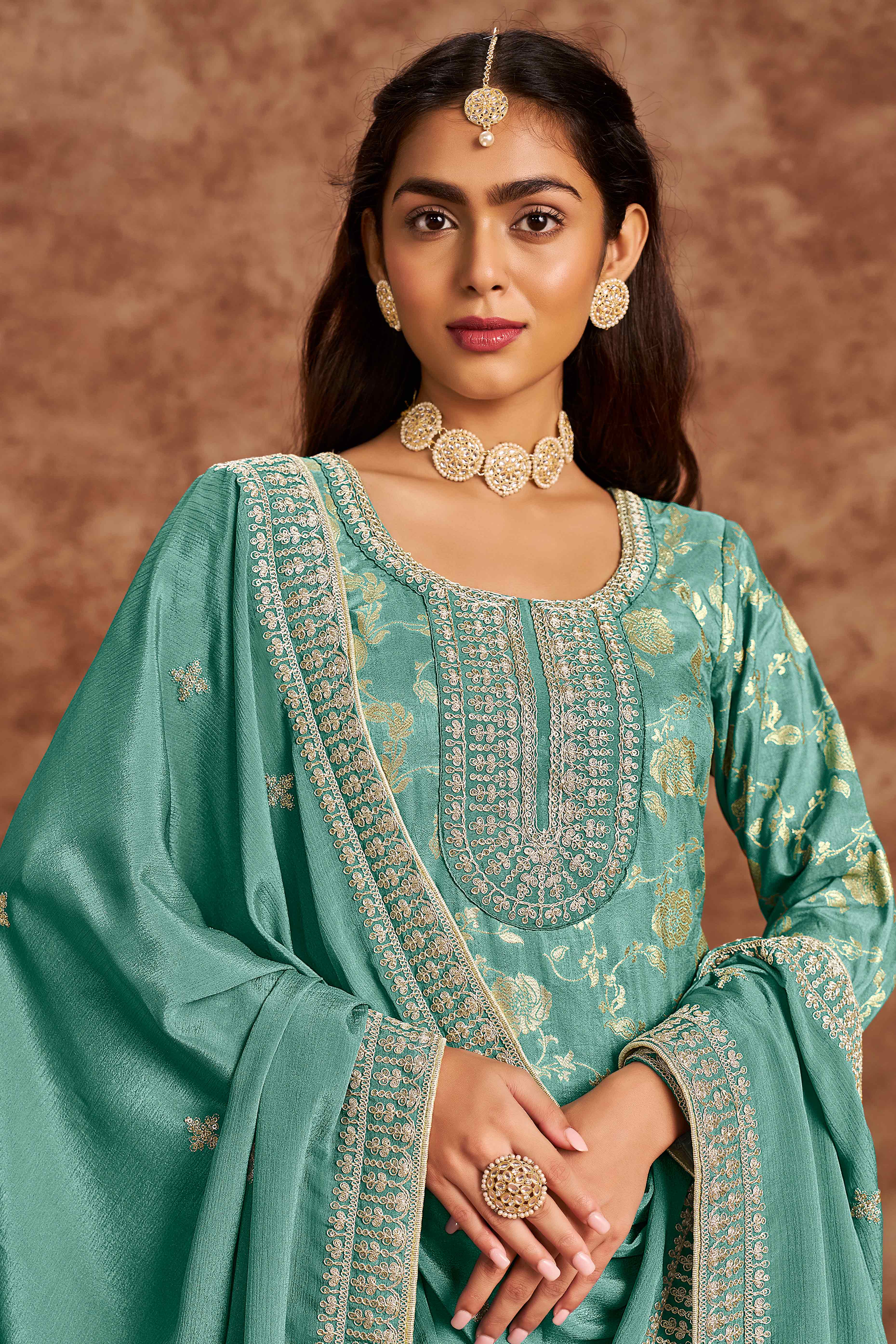 Turquoise Floral Woven Dola Silk Jacquard Dress Material - Image 4