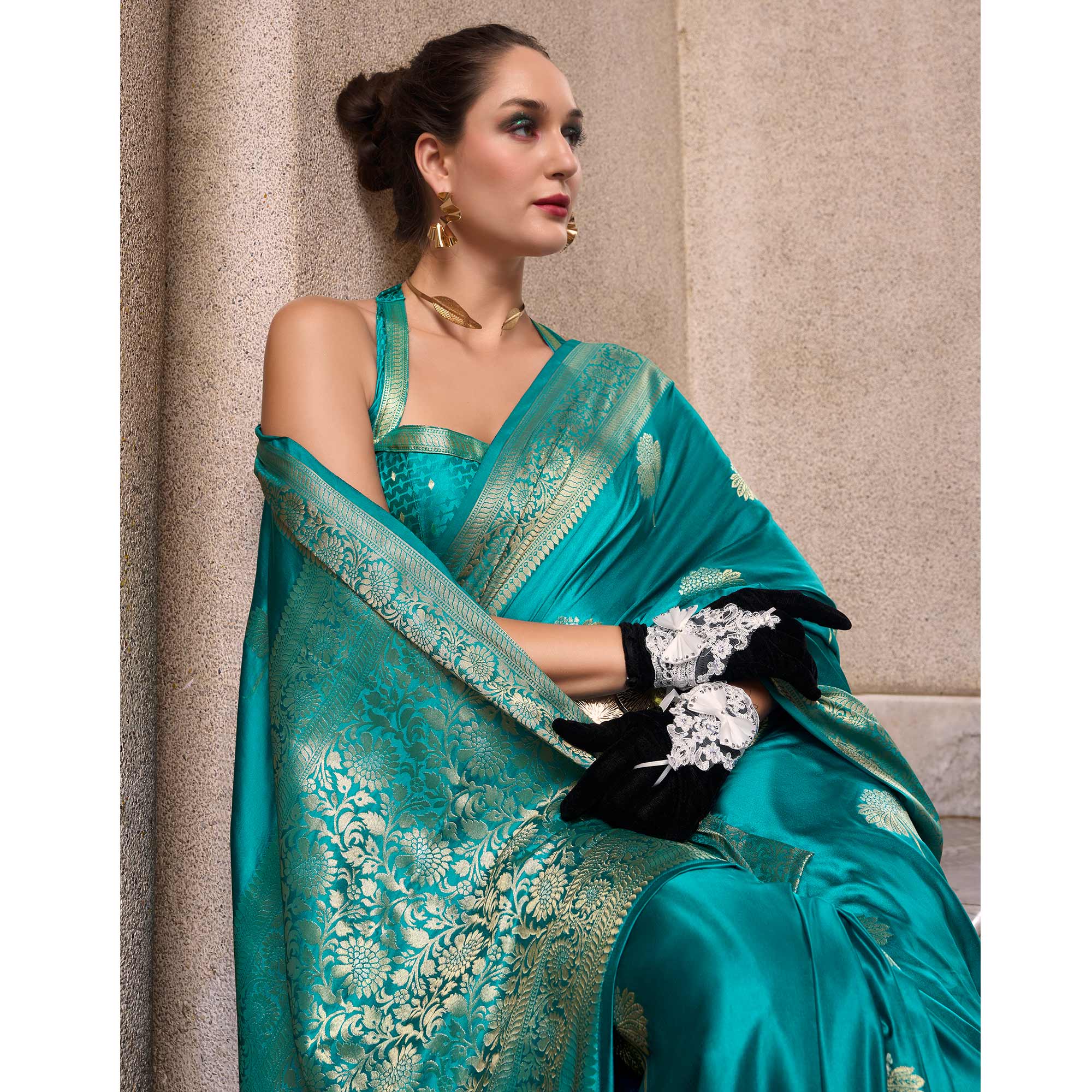 Turquoise Floral Woven Satin Silk Saree - Image 3