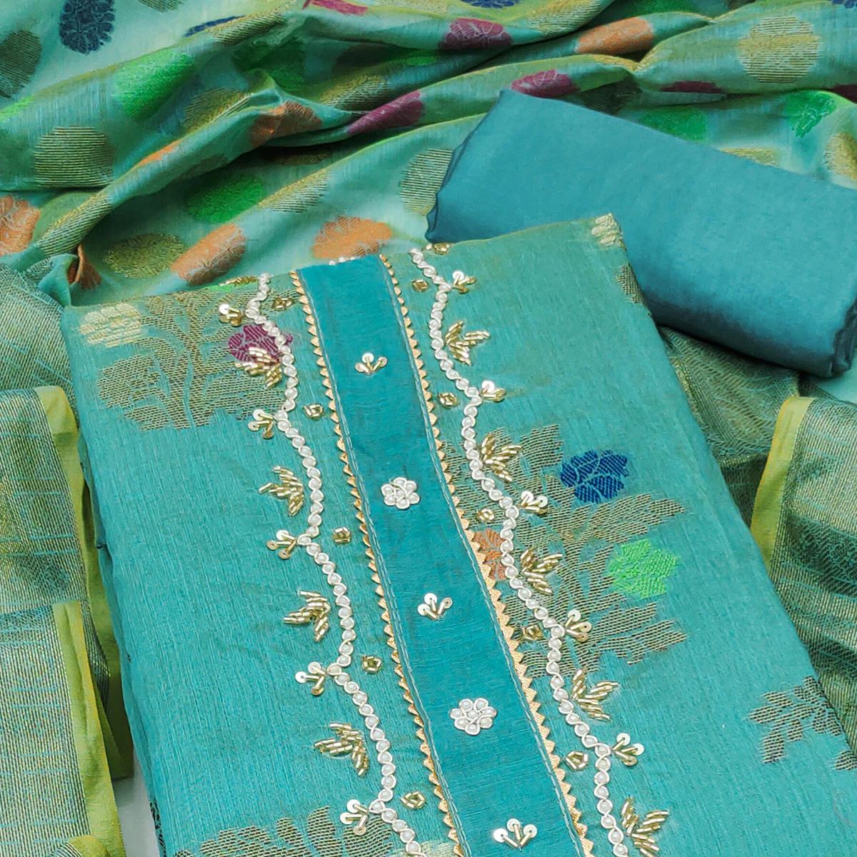 Turquoise Floral Woven With Handwork Banarasi Silk Dress Material - Image 2