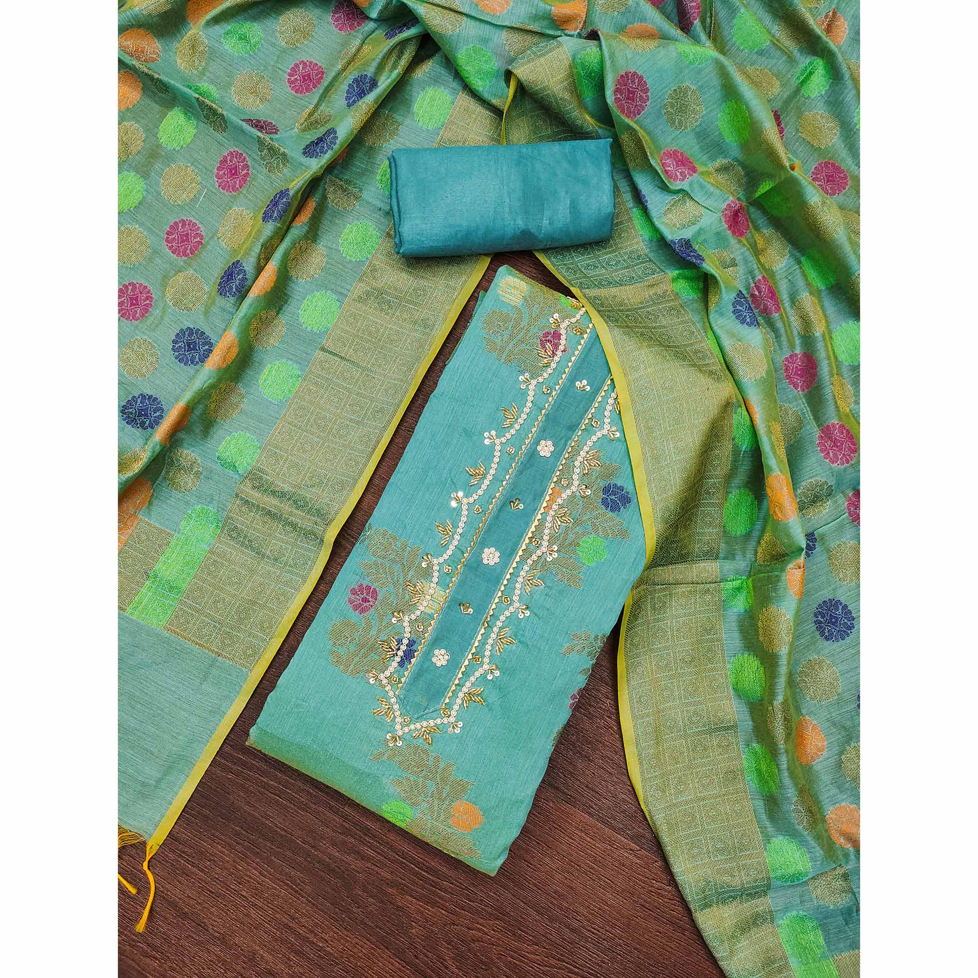 Turquoise Floral Woven With Handwork Banarasi Silk Dress Material - Image 3