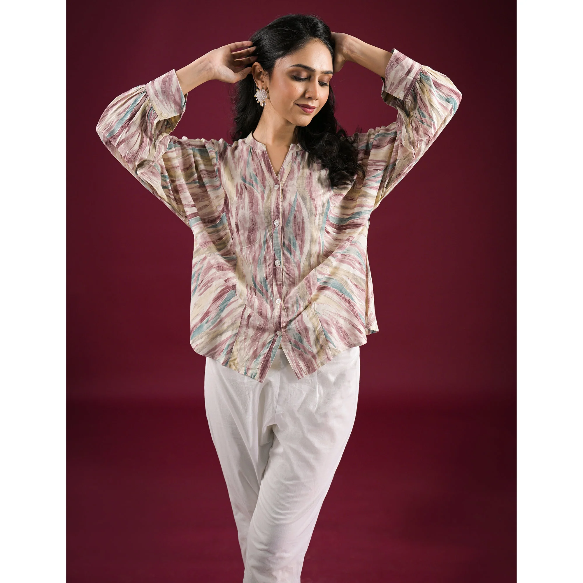 Turquoise Foil Printed Chanderi Silk A-Line Top - Image 7