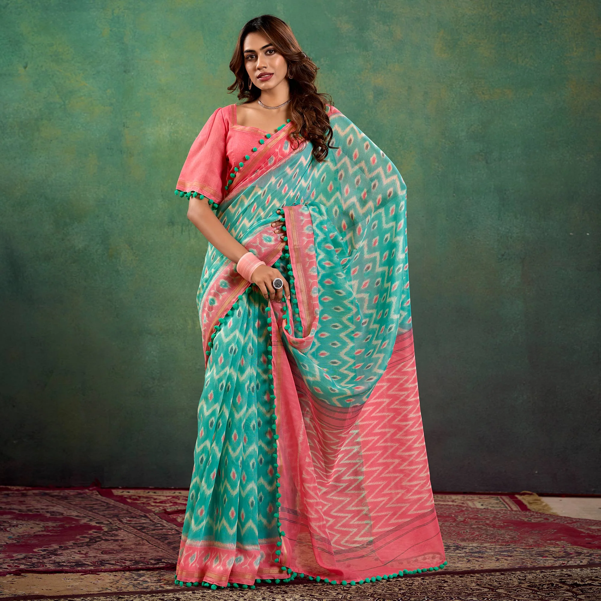 Turquoise Ikkat Printed Mul Mul Cotton Saree - Image 2