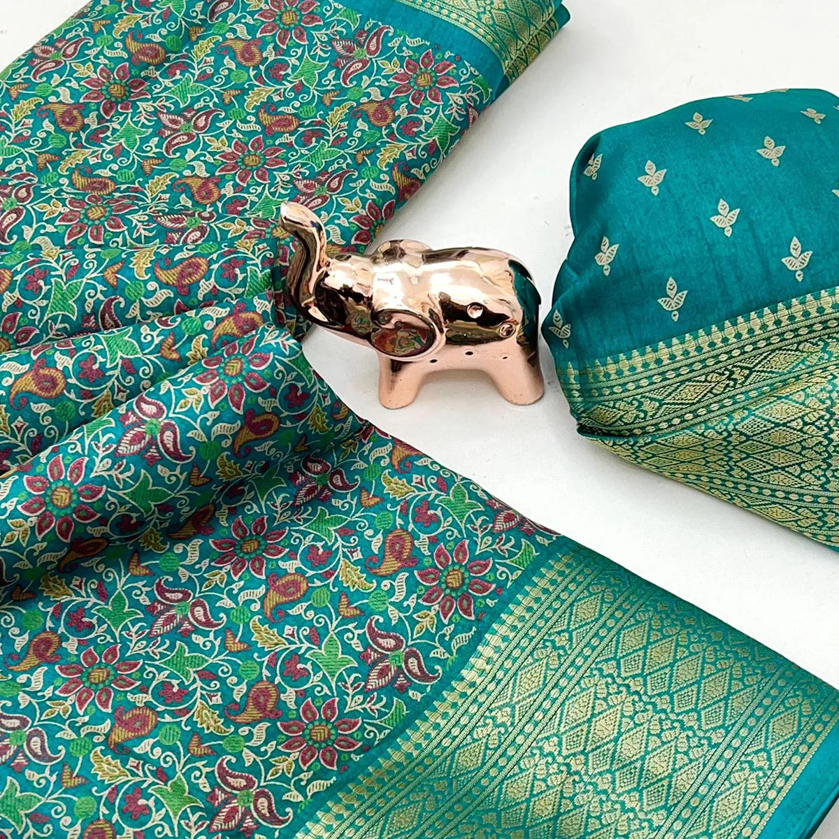 Turquoise Kashmiri Floral Printed Dola Silk Saree With Kalamkari Pallu & Rich Zari Weaving Border - Image 2