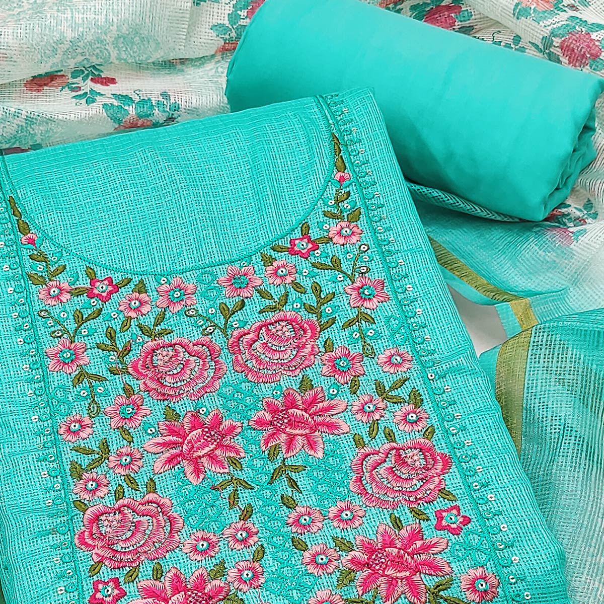 Turquoise Kota Doria Dress Material Featuring Elegant Floral Design With Sparkling Sequins Embroidery - Image 2