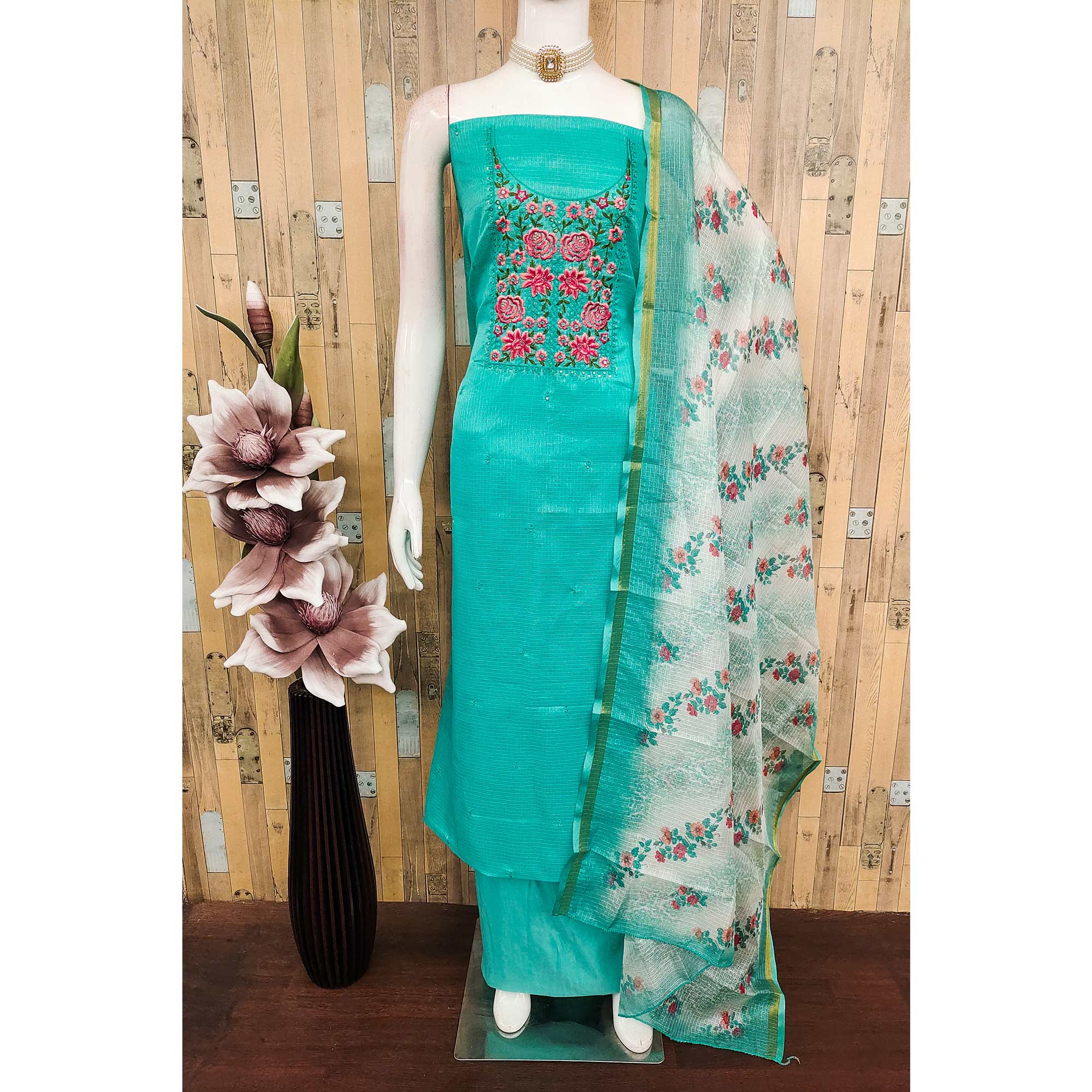 Turquoise Kota Doria Dress Material Featuring Elegant Floral Design With Sparkling Sequins Embroidery - Image 3