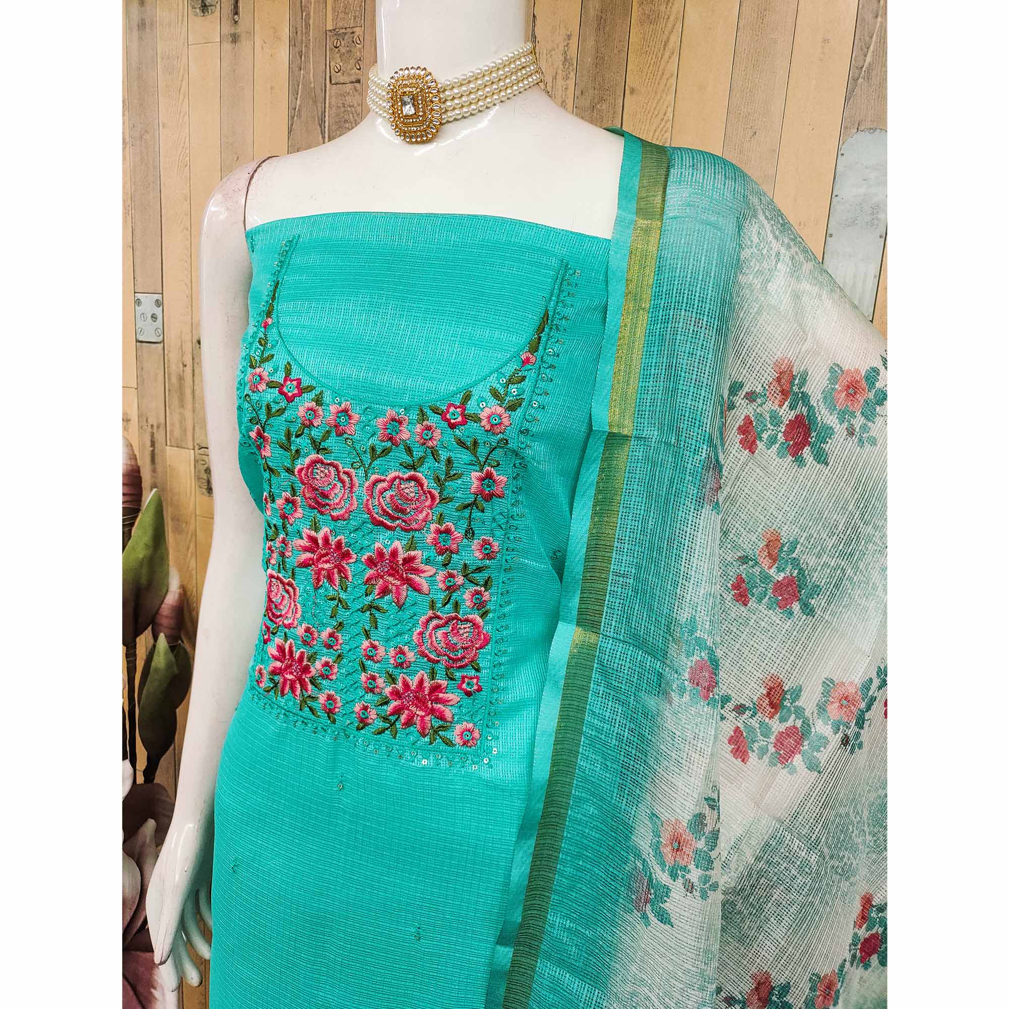 Turquoise Kota Doria Dress Material Featuring Elegant Floral Design With Sparkling Sequins Embroidery - Image 4