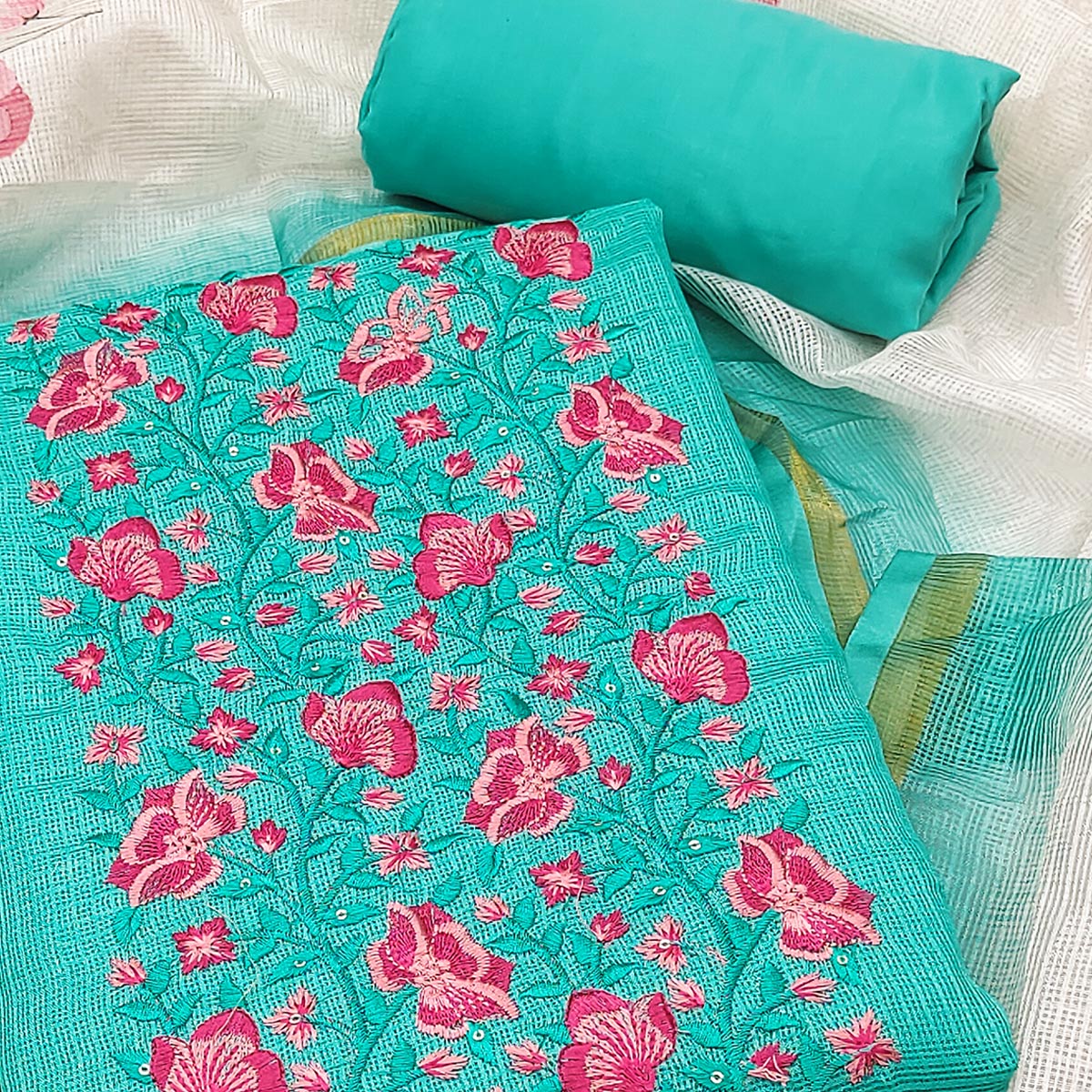 Turquoise Kota Doria Dress Material With Intricate Floral Motifs & Sparkling Sequins Embroidery - Image 2