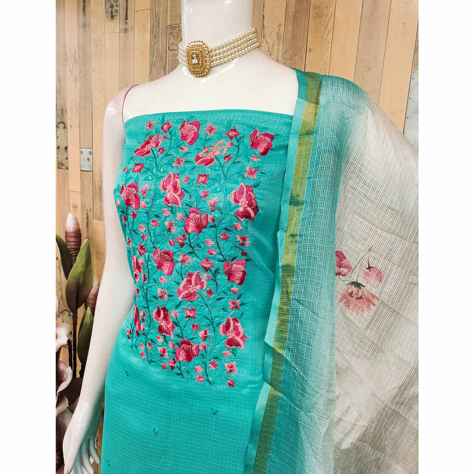 Turquoise Kota Doria Dress Material With Intricate Floral Motifs & Sparkling Sequins Embroidery - Image 4