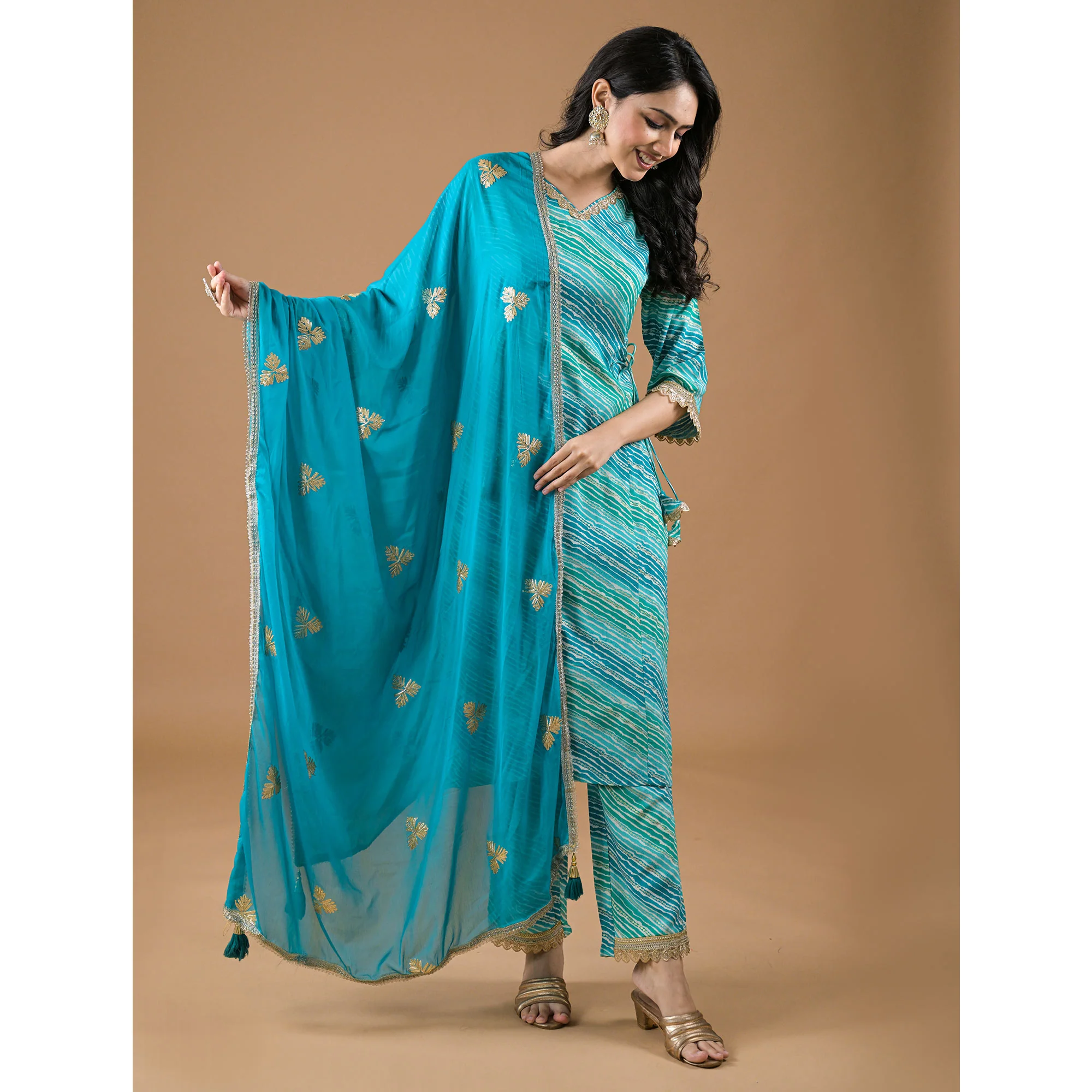 Turquoise Leheriya Printed Rayon A-line Salwar Suit - Image 5