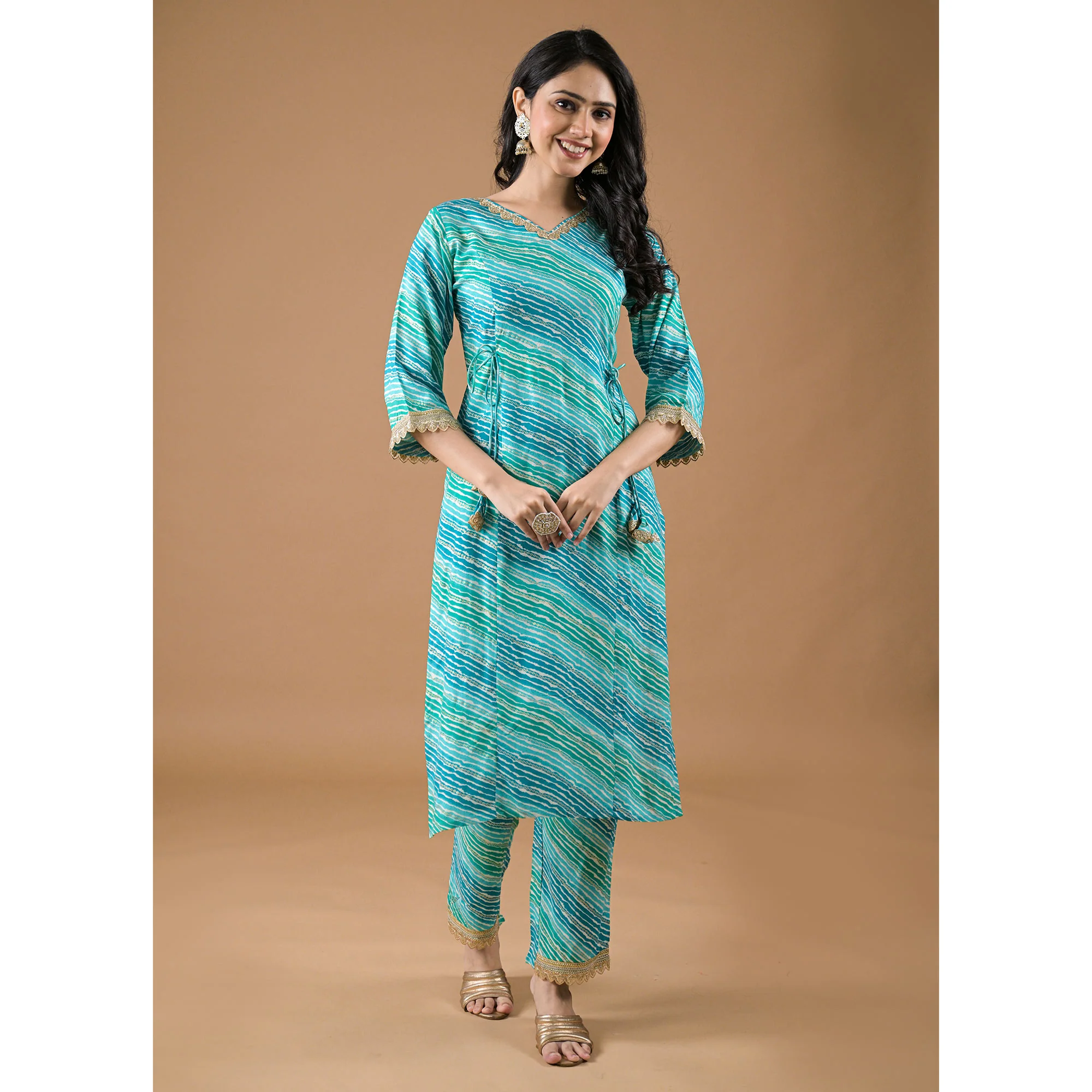 Turquoise Leheriya Printed Rayon A-line Salwar Suit - Image 6