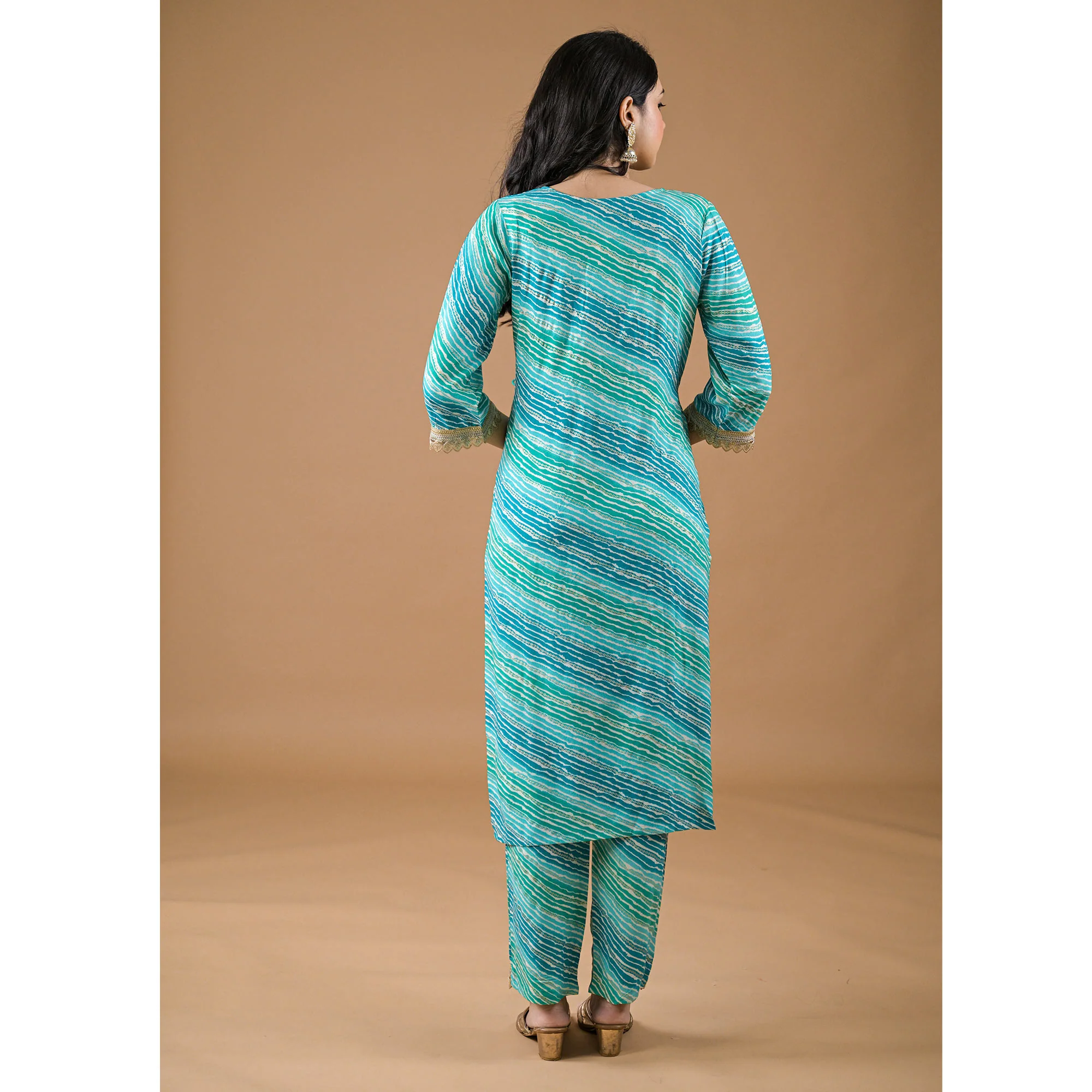 Turquoise Leheriya Printed Rayon A-line Salwar Suit - Image 7