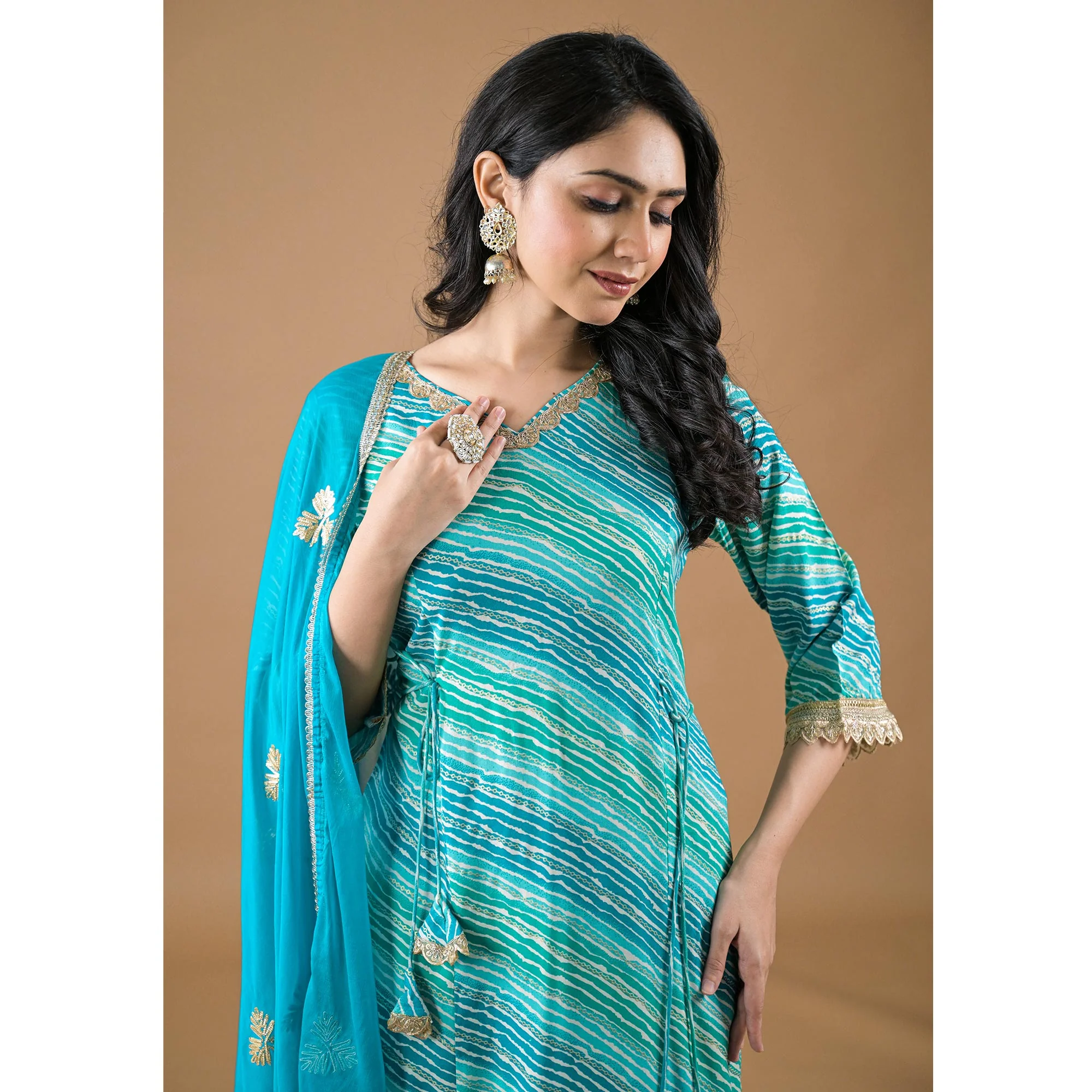 Turquoise Leheriya Printed Rayon A-line Salwar Suit - Image 8
