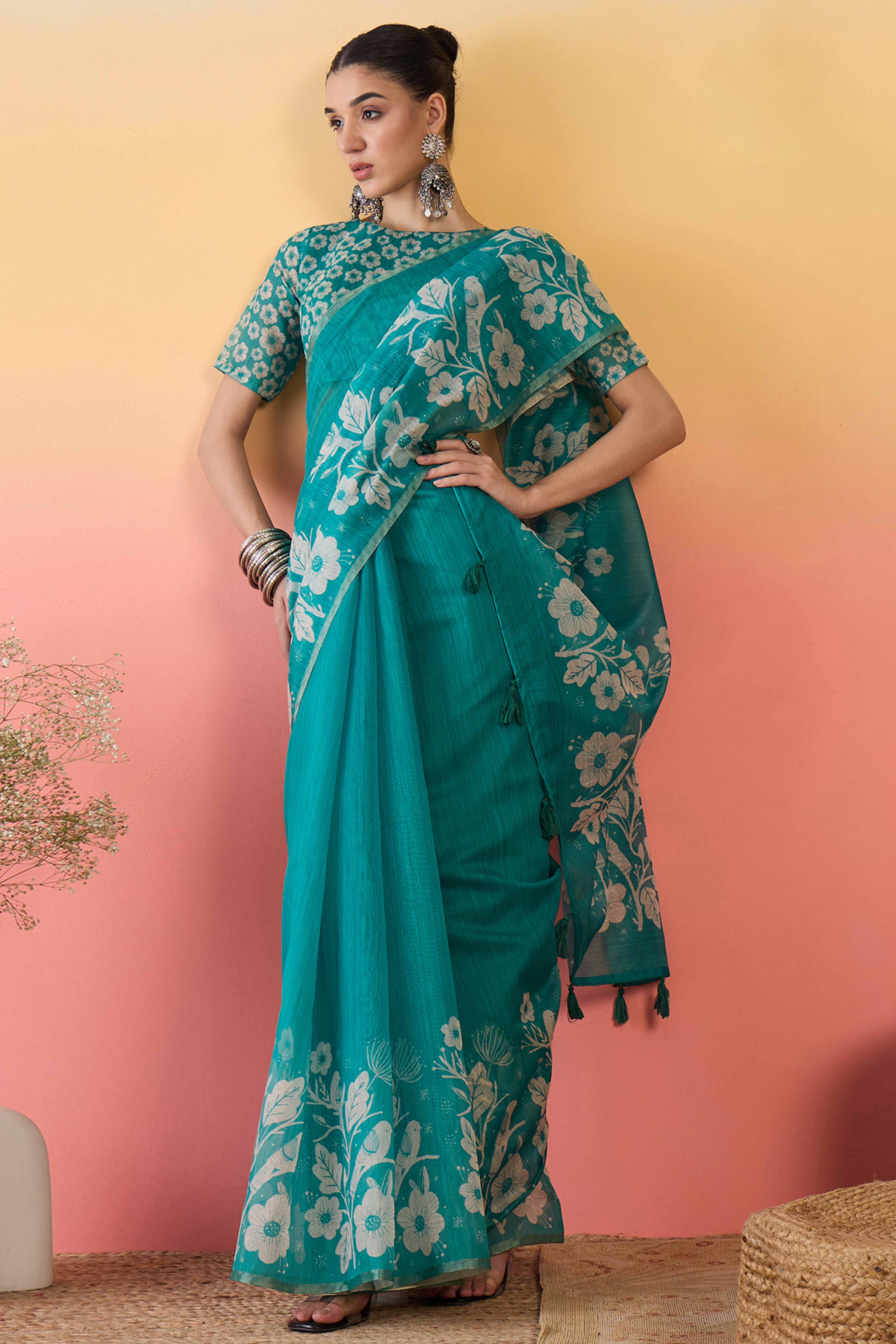 Turquoise Linen Cotton Saree Featuring Elegant Floral & Bird Prints With Tassel Pallu - Image 3