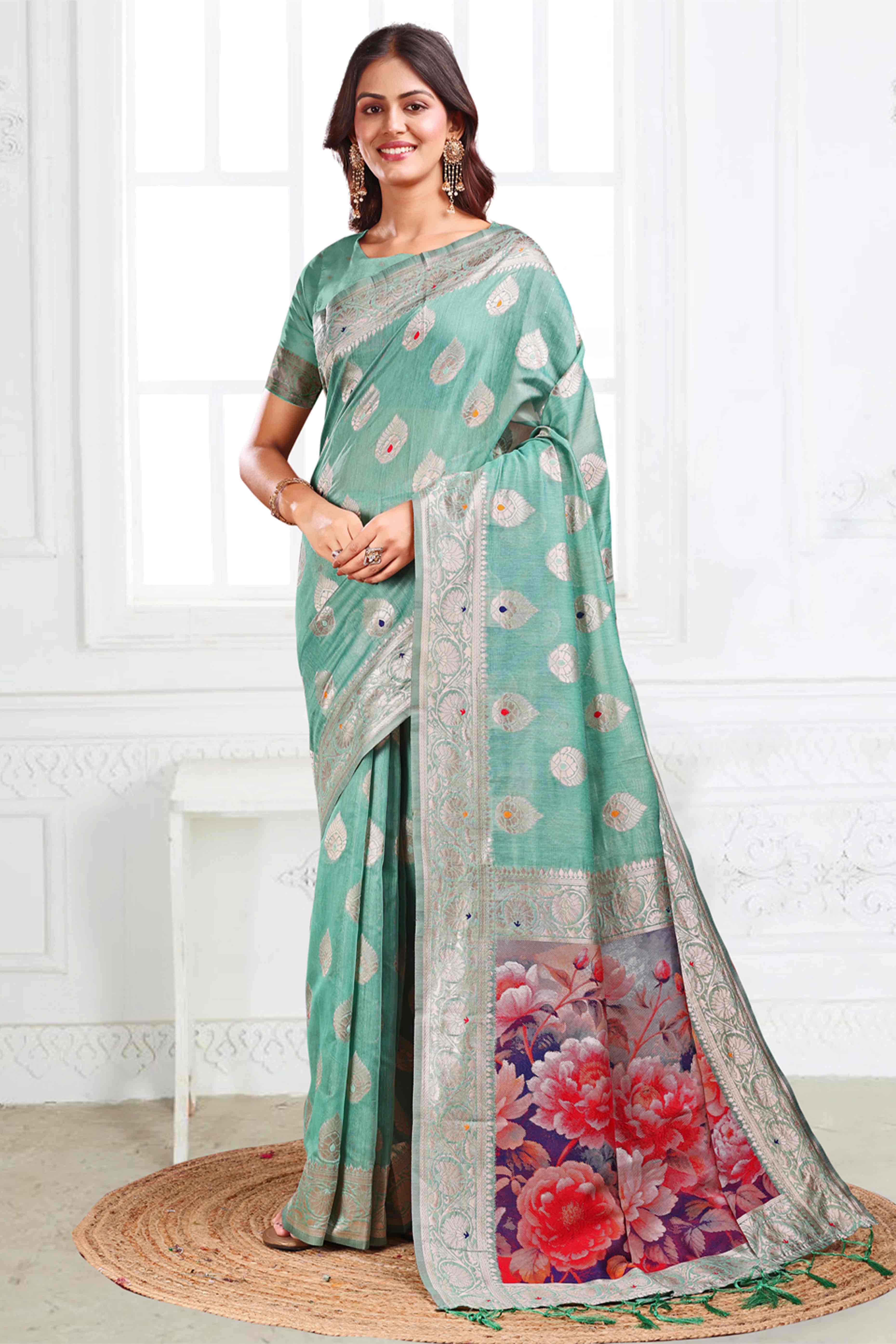 Turquoise Linen Cotton Silk Saree Adorned With Intricate Floral Zari Weaving & Tassel Pallu - Image 3
