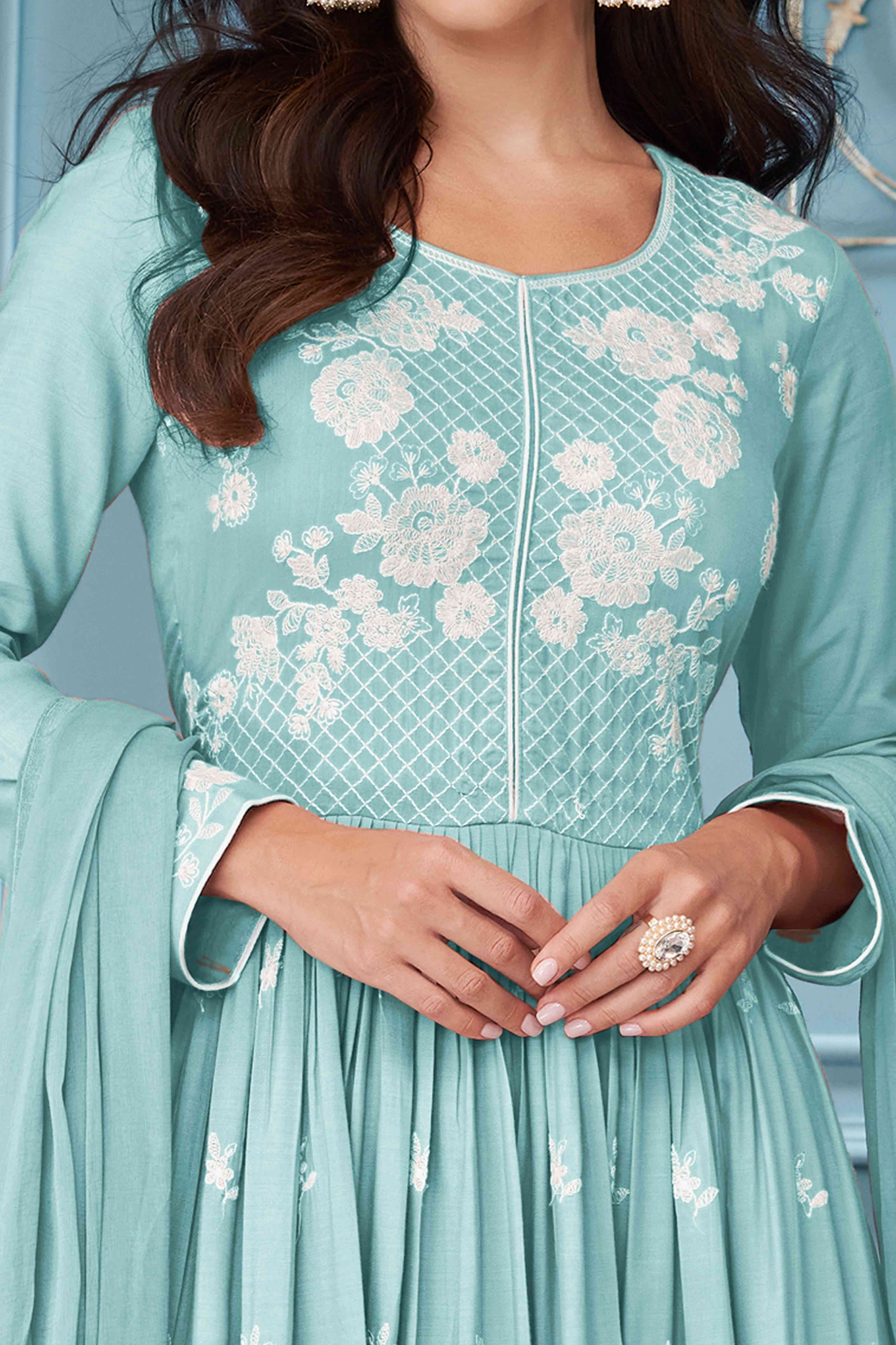 Turquoise Lucknowi Embroidered Rayon Palazzo Suit - Image 2