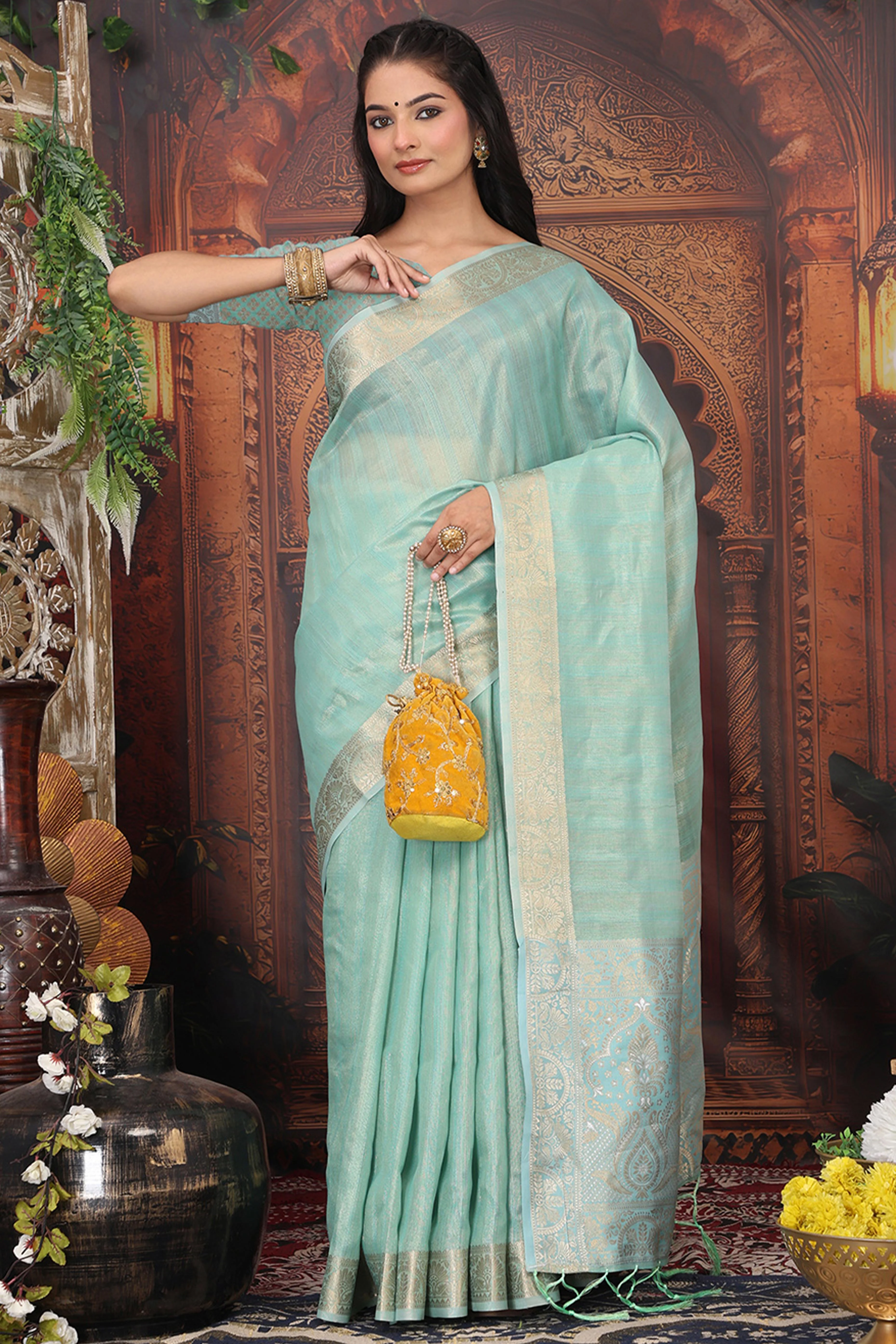 Turquoise Organza Saree Adorned With Floral Zari Weaving & Graceful Tassel Pallu - Image 3