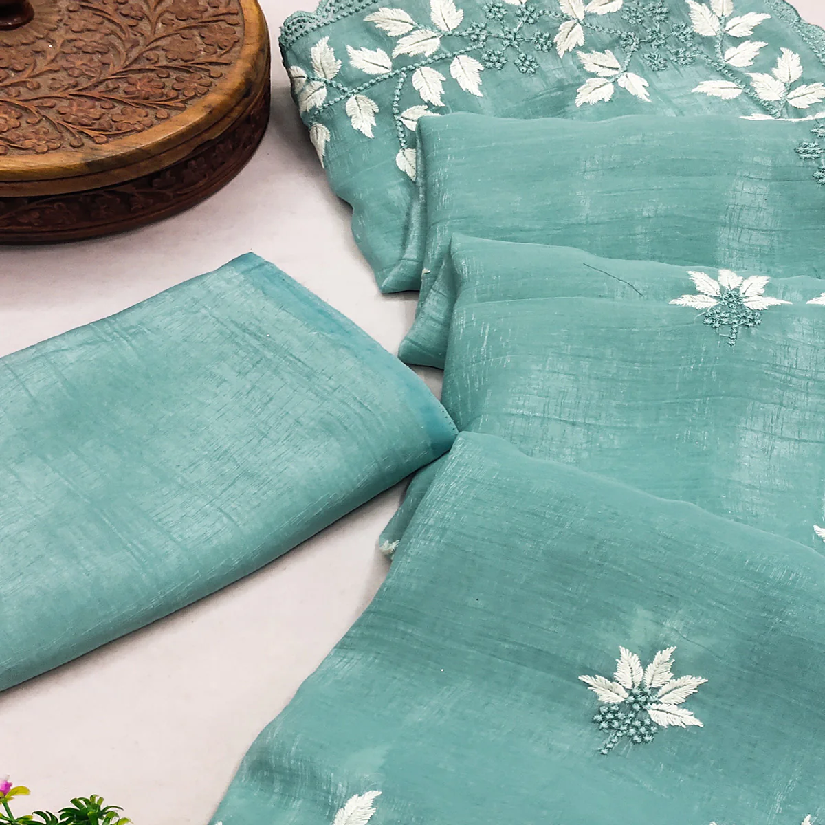 Turquoise Organza Saree Featuring Fine Floral Embroidery - Image 2