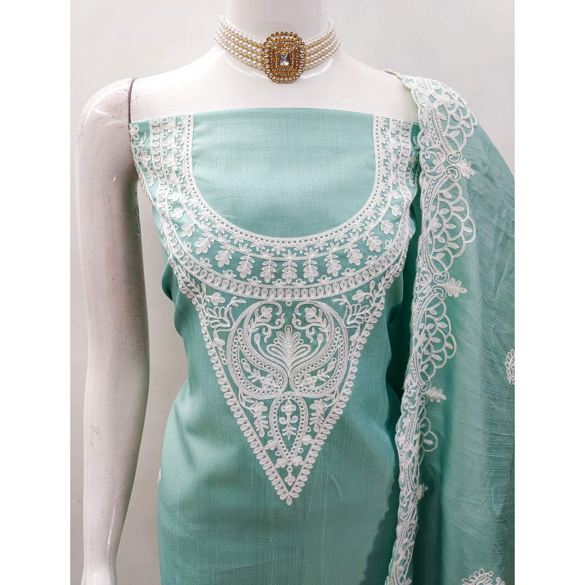 Turquoise Paisley Floral Embroidered Art Silk Dress Material - Image 6