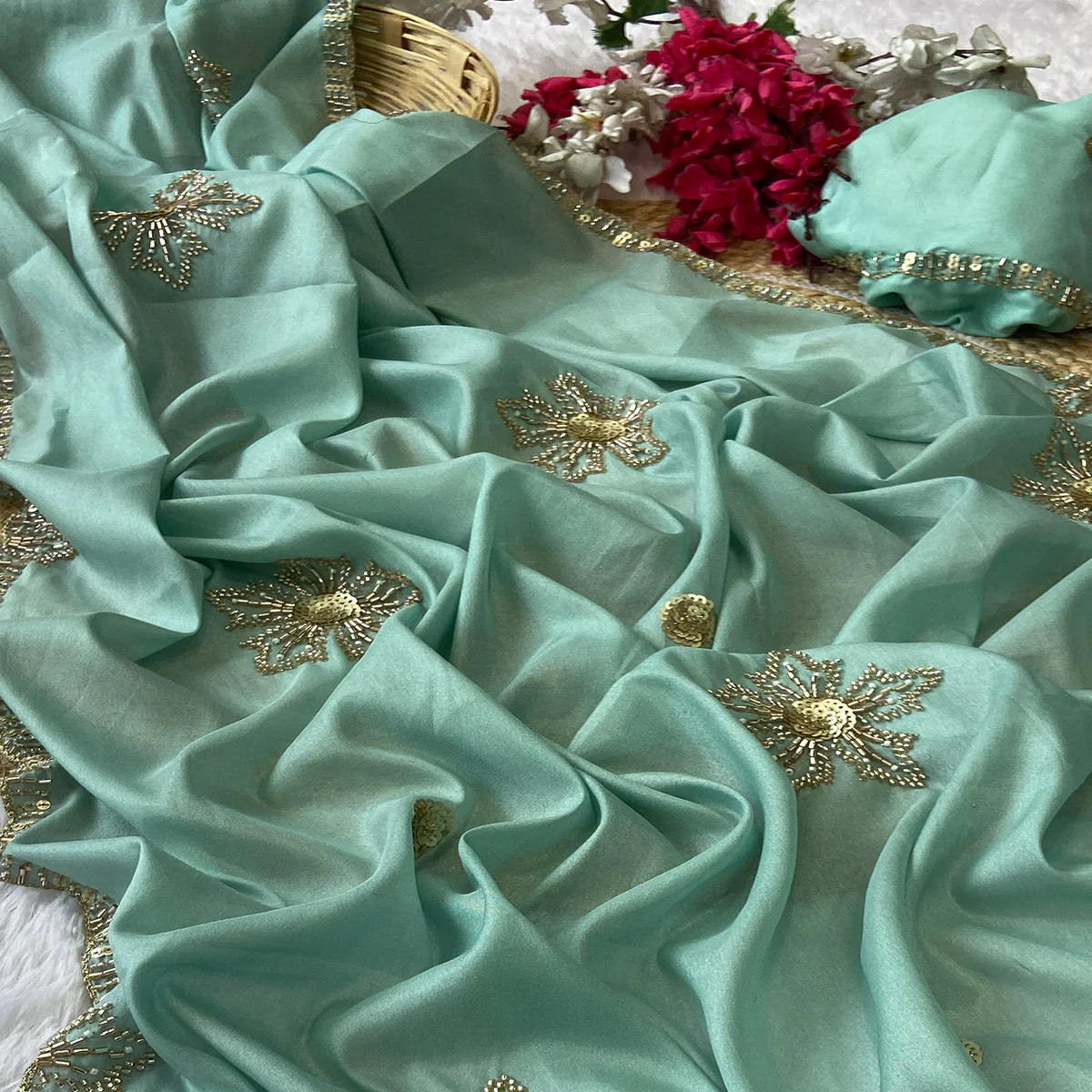 Turquoise Partywear Saree in Crepe with Intricate Stone Work - Image 2