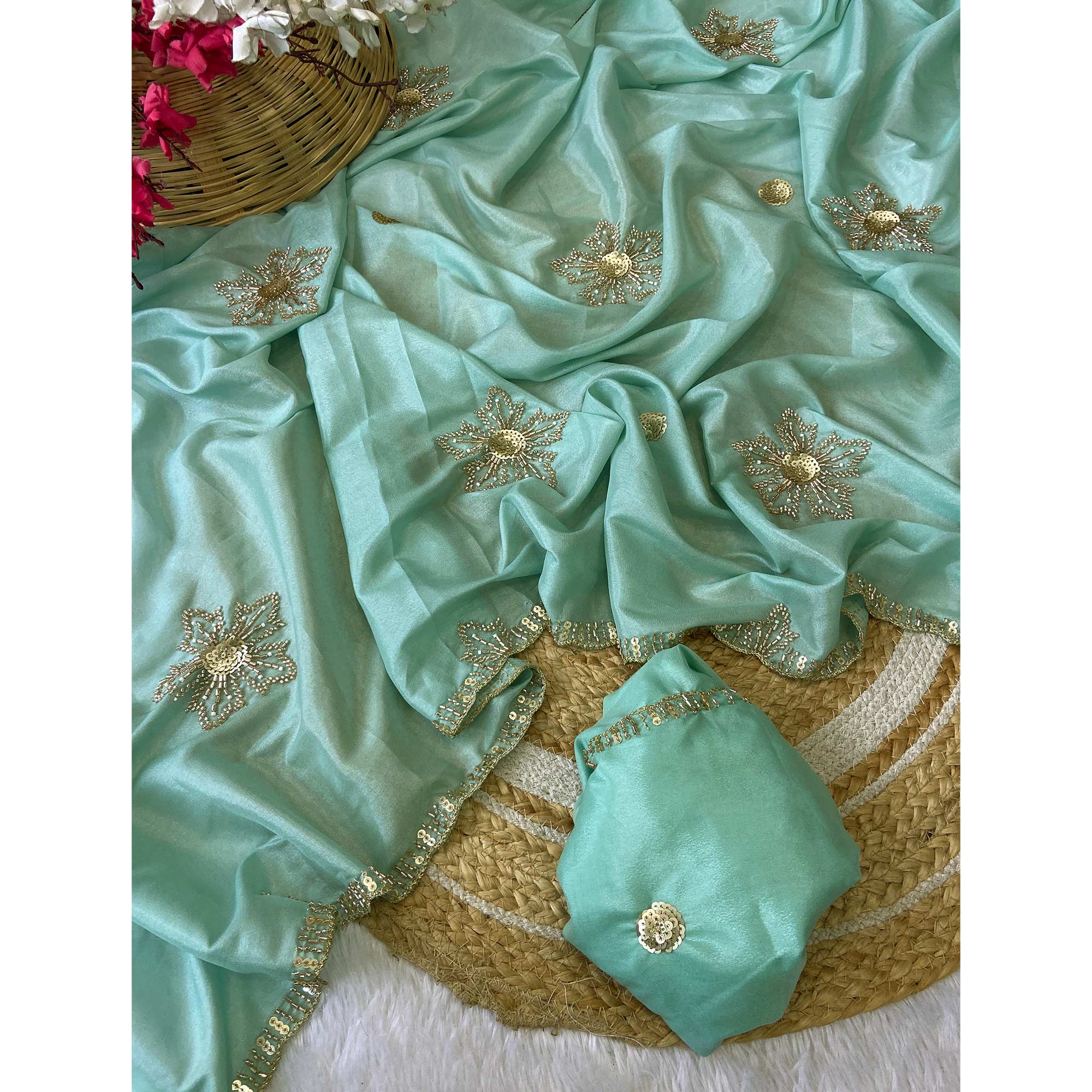 Turquoise Partywear Saree in Crepe with Intricate Stone Work - Image 3