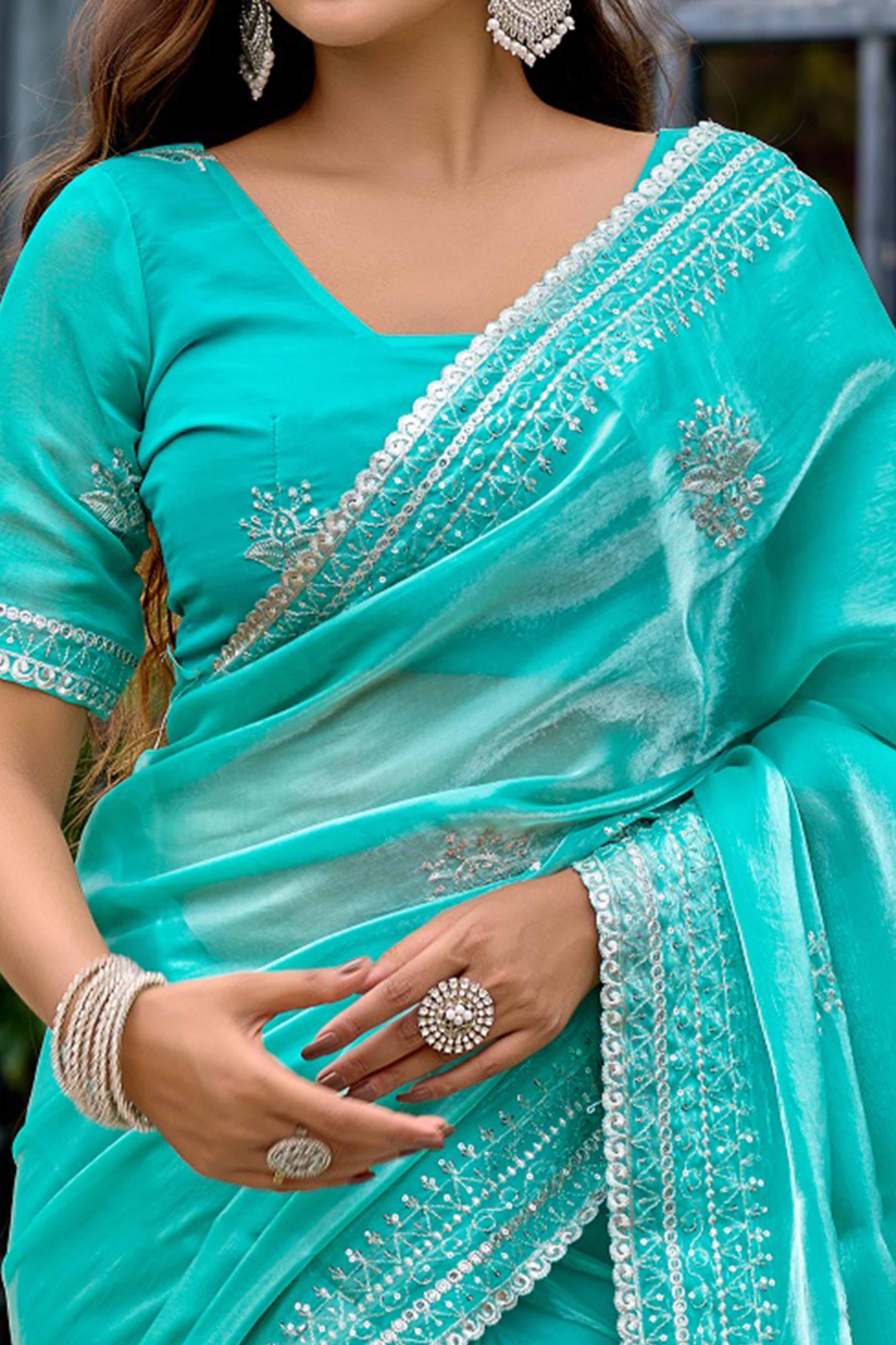 Turquoise Partywear Saree in Shimmer Chiffon with Sequins Embroidery - Image 2