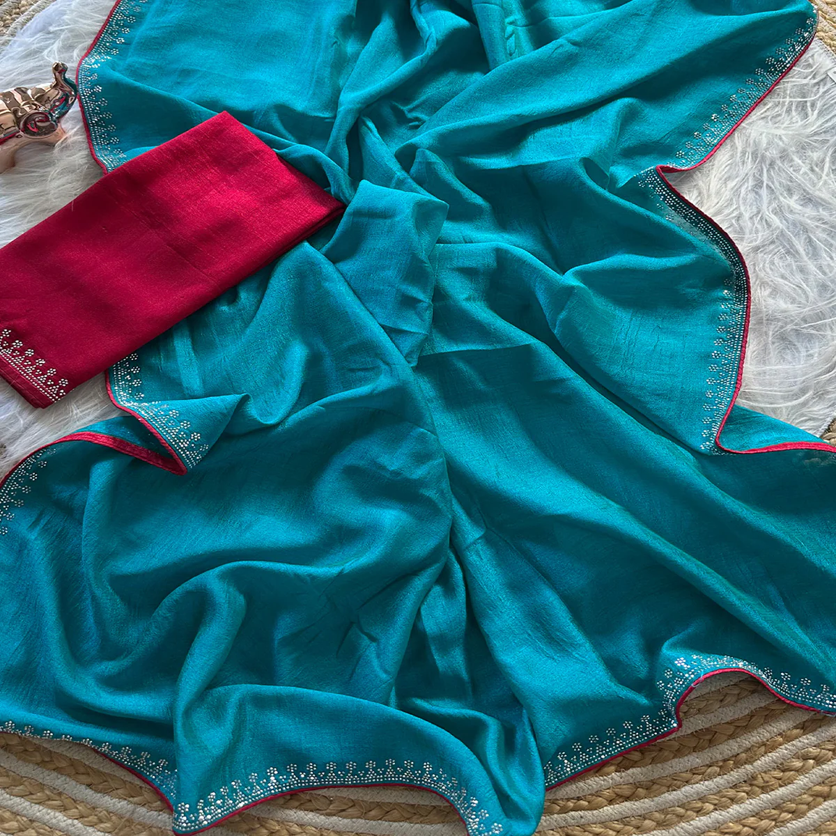 Turquoise Partywear Vichitra Silk Saree Featuring Exquisite Swarovski Stone Work - Image 2