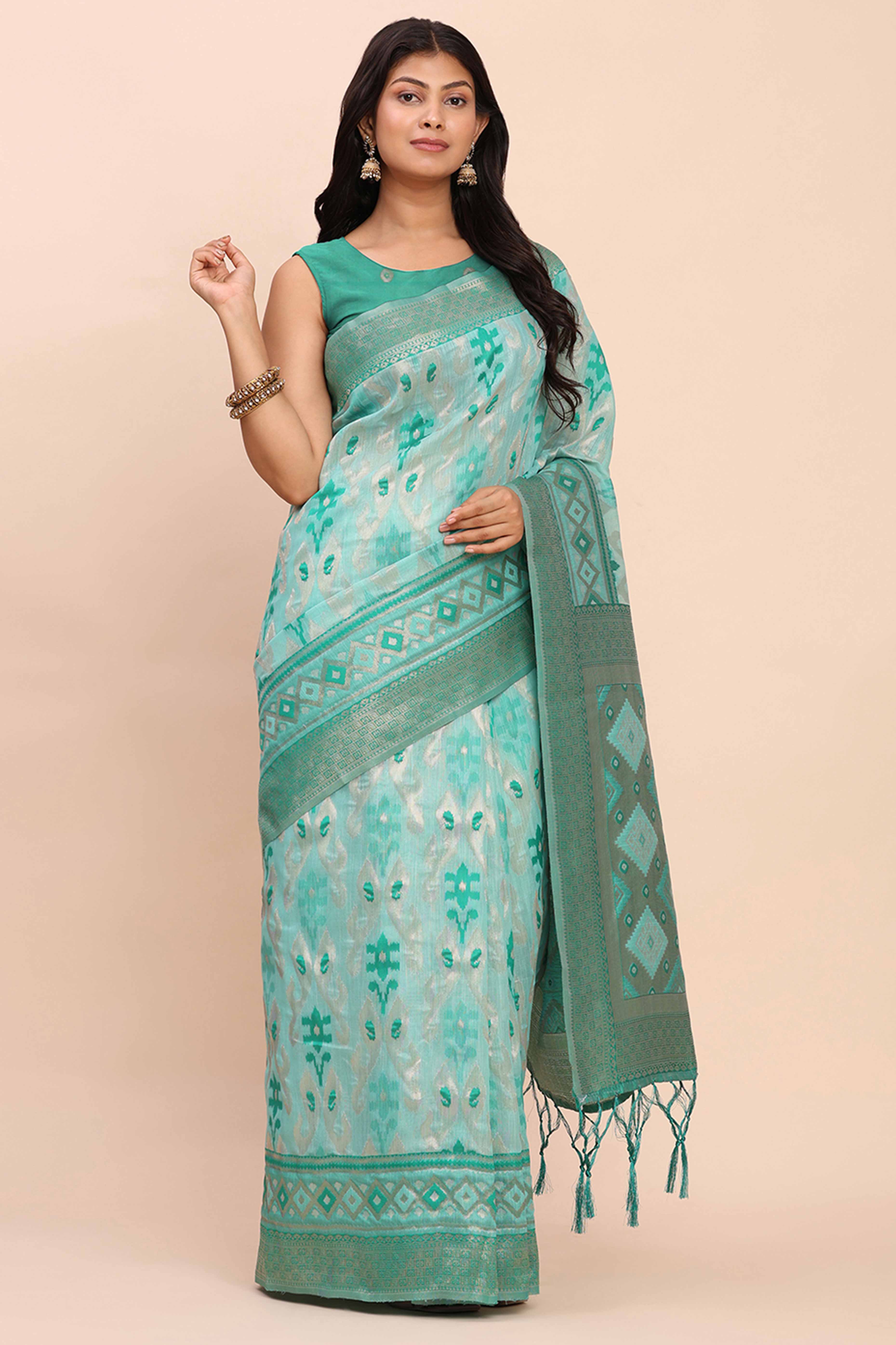 Turquoise Patola Inspired Linen Cotton Saree Adorned With Zari Weaving & Graceful Tassel Pallu - Image 4